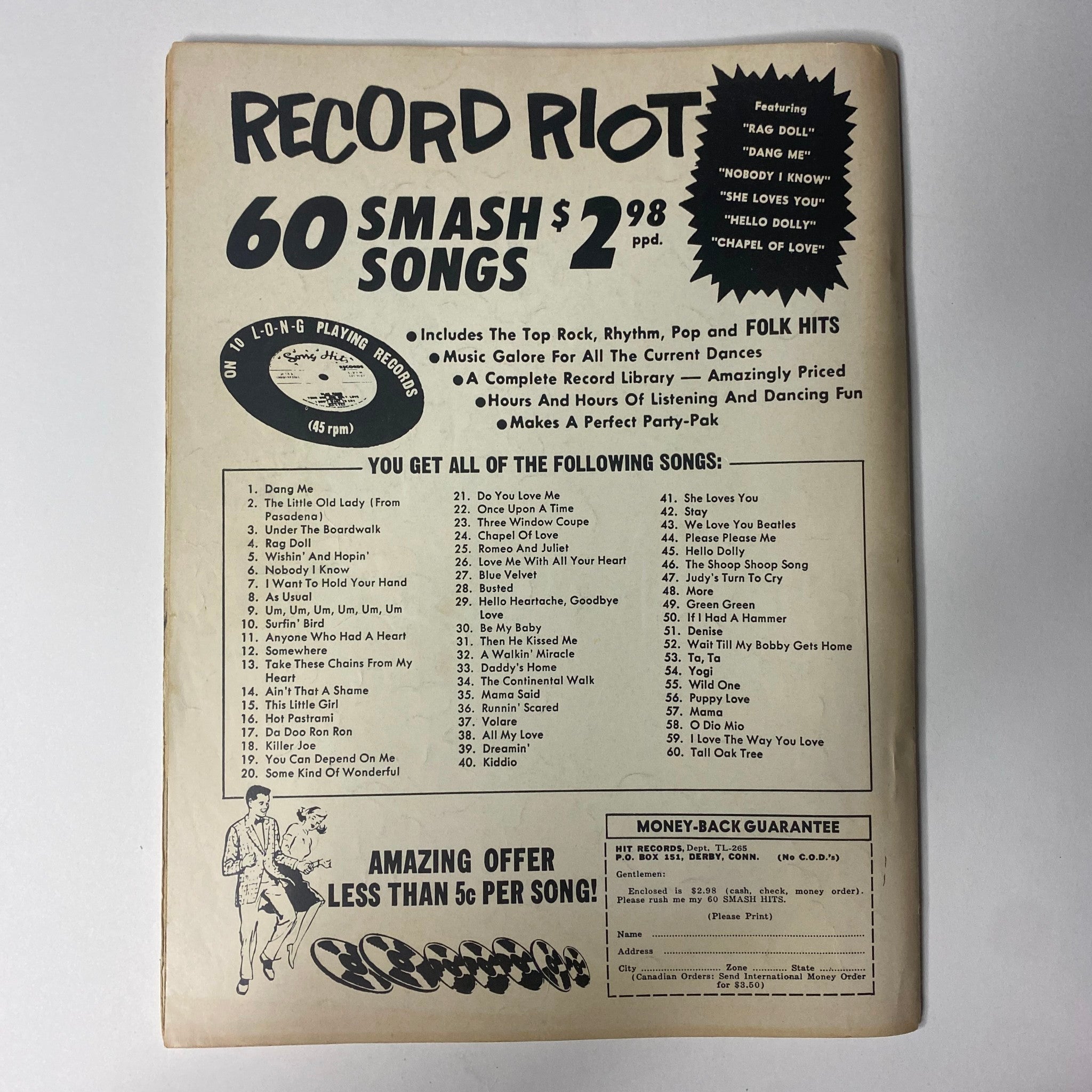 Back cover of Teen Life Magazine February 1965 Vol 4 No. 1 advertising the 'Record Riot' featuring top rock, rhythm, pop, and folk hits, emphasizing music-related content relevant to the era.