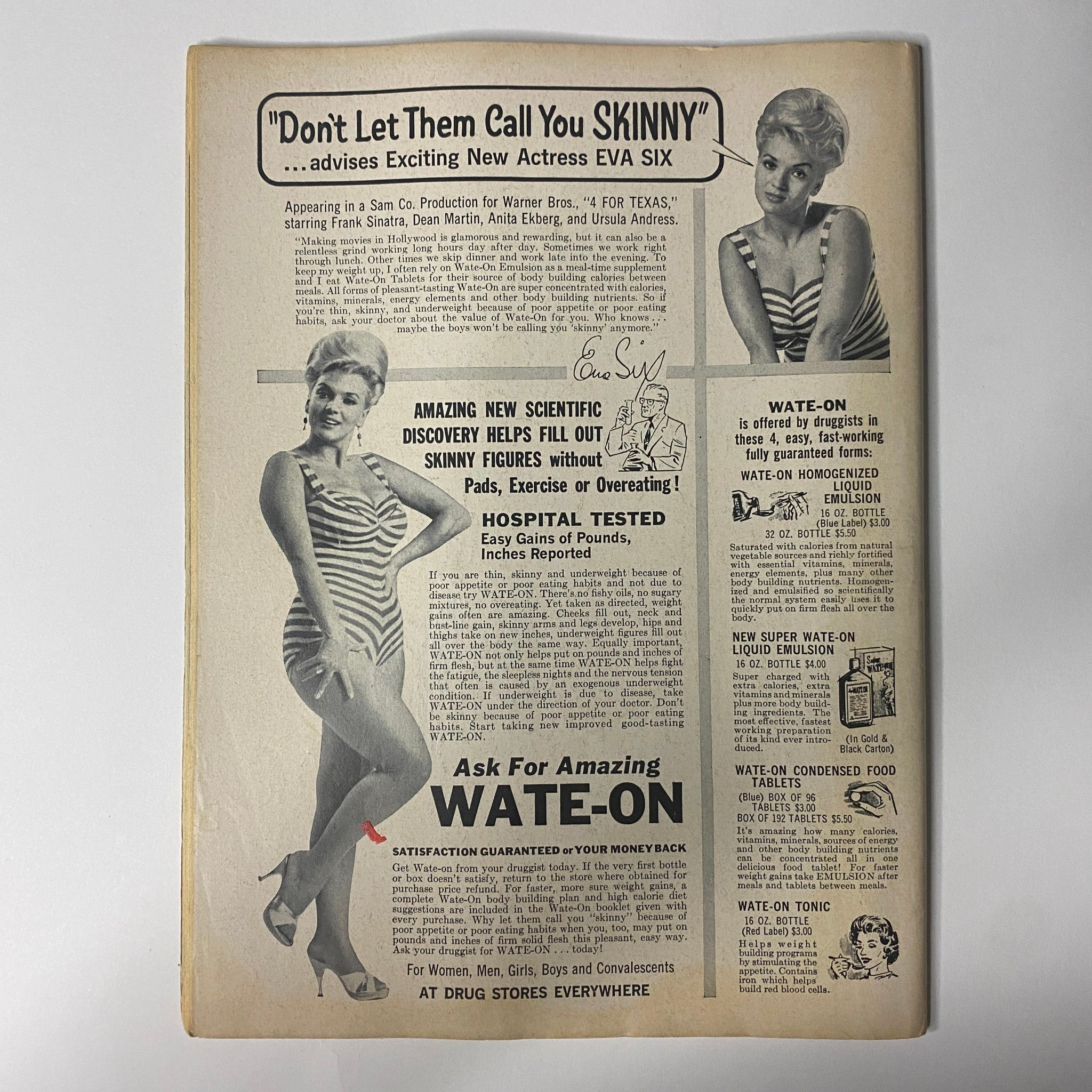 Back cover of For Teens Only Magazine September 1964 Vol 3 No. 1 showcasing an advertisement featuring actress Eva Six and promoting a product called Wate-On, highlighting its benefits for weight management. This magazine represents a piece of 1964 pop culture.