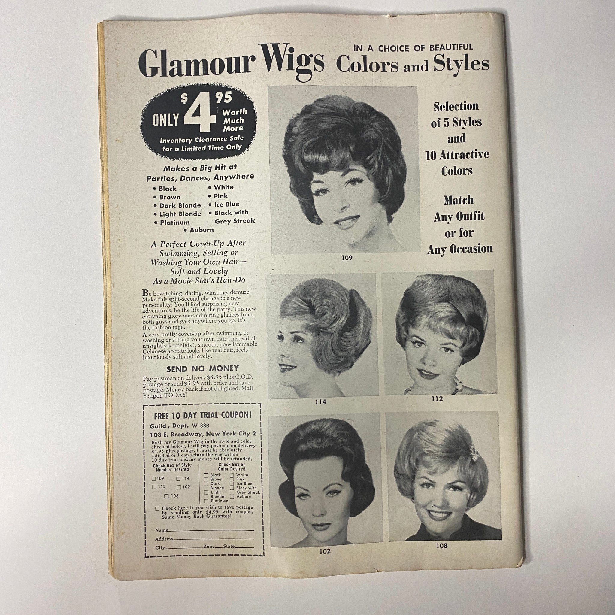 Advertisement for glamour wigs in For Teens Only Magazine November 1964 Vol 3 No. 2, highlighting wig styles and the offer for a free trial coupon.