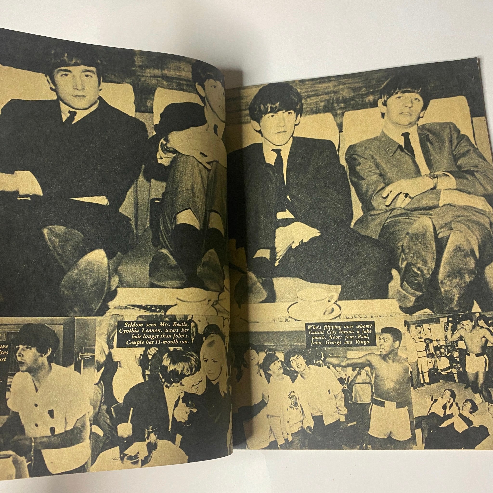 Inside spread of Movie TV Secrets Magazine July 1964 Vol 4 No. 10 featuring The Beatles, showcasing black and white images of the band members along with fans and a cultural snapshot from the era.