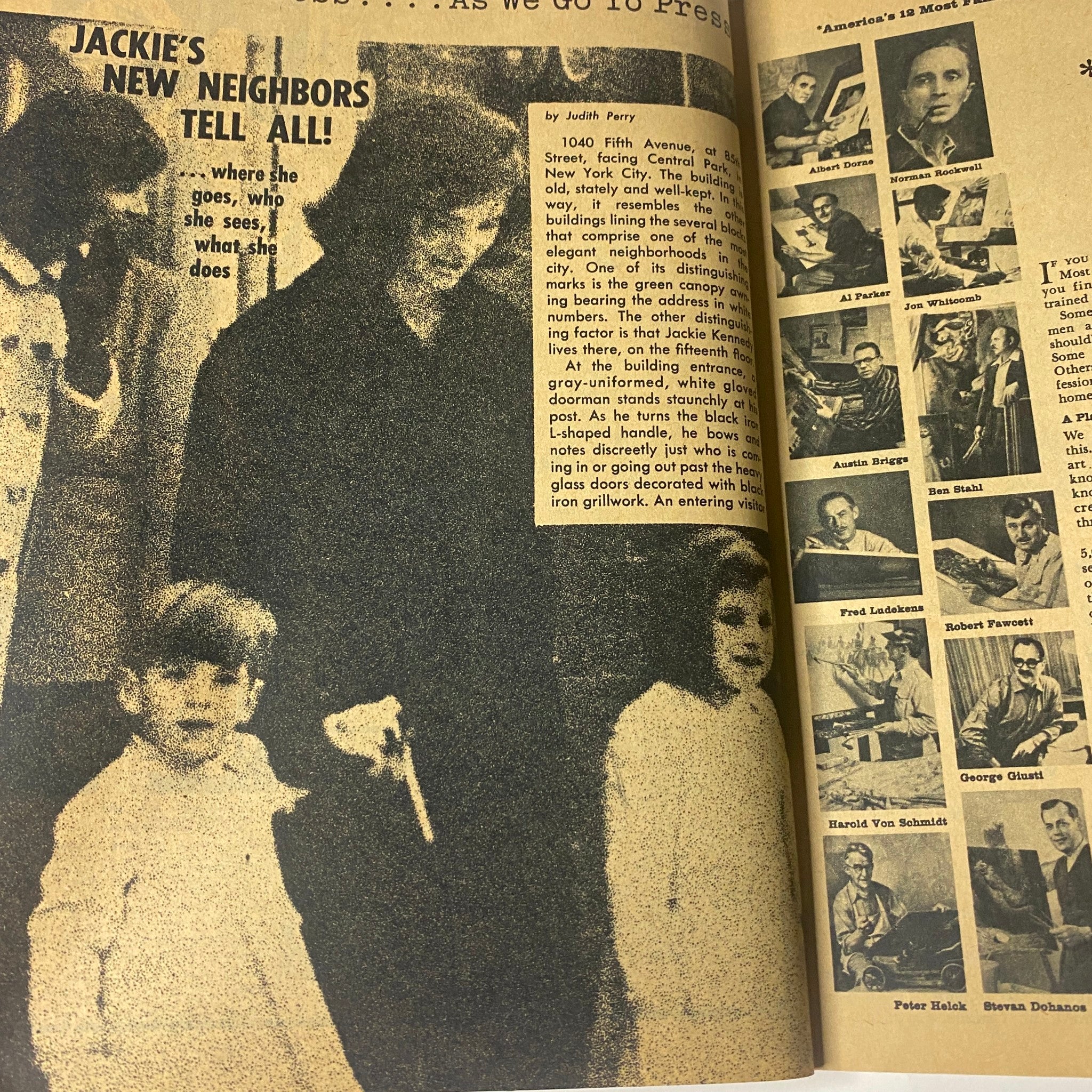 Page from Movie TV Secrets Magazine, February 1965, titled 'Jackie's New Neighbors Tell All!' featuring a dark image of a woman with children and elements of vintage celebrity gossip.