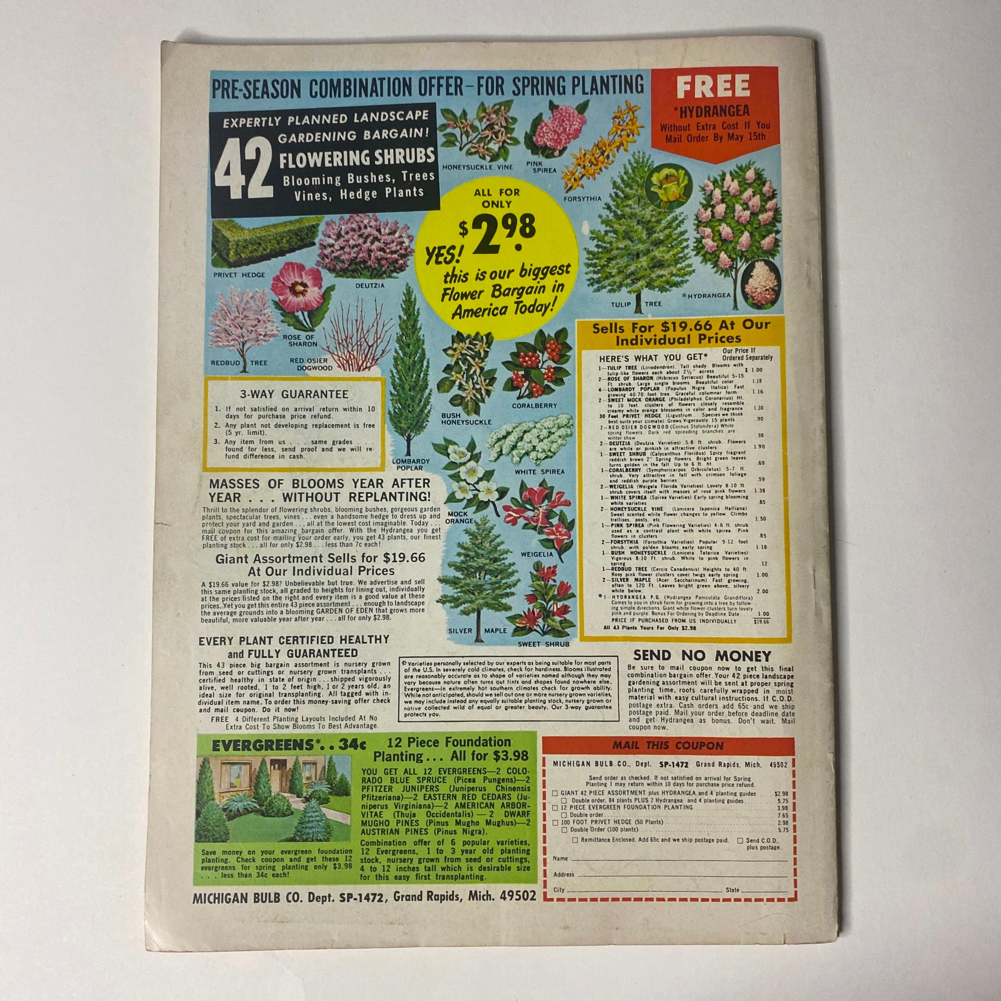 Back cover of Movieland and TV Time Magazine February 1965 showcasing a pre-season combination offer for gardening supplies, promoting flower bargains and various planting options.