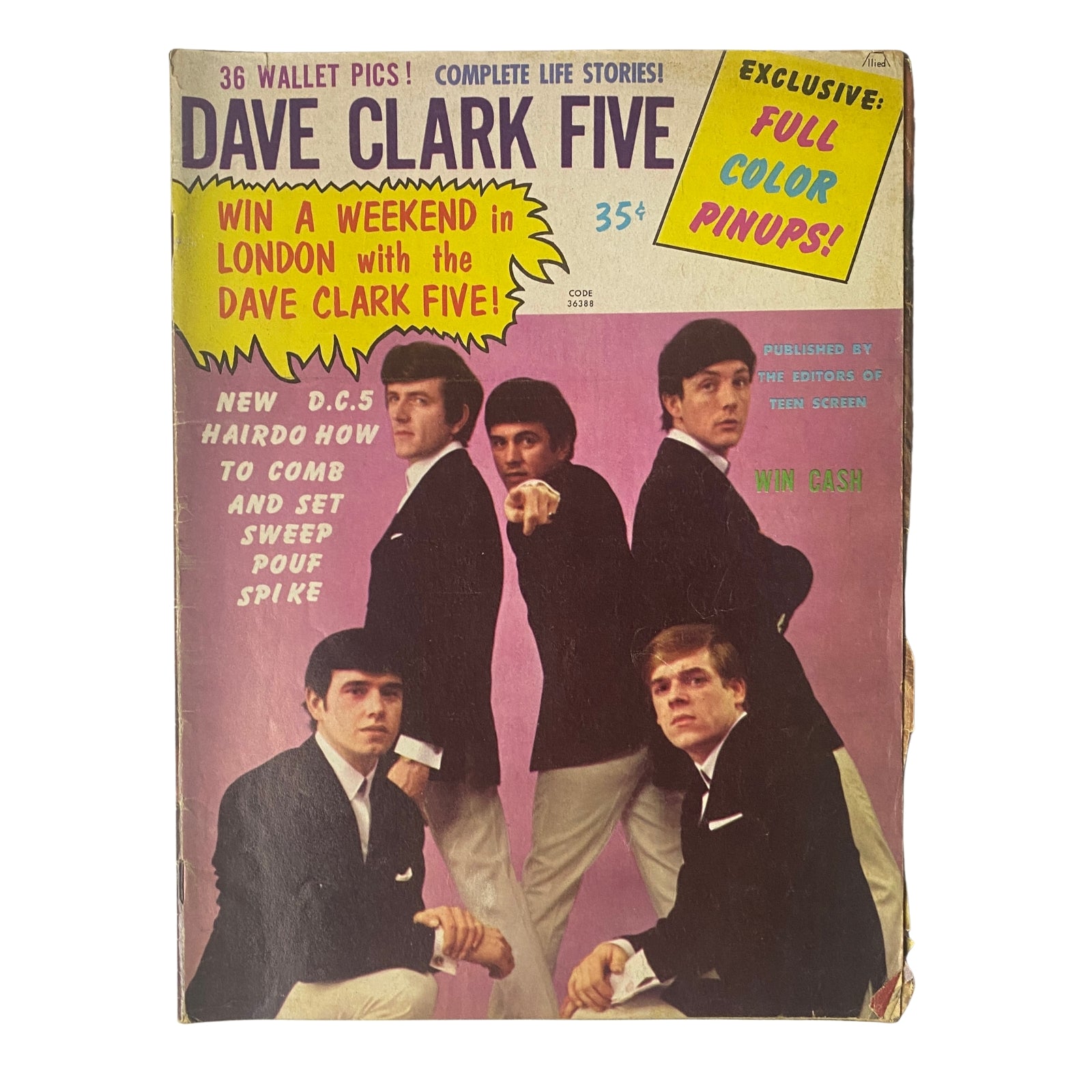 1964 Dave Clark Five Magazine cover featuring band members, announcing a contest to win a weekend in London with the band and showcasing full color pin-ups.