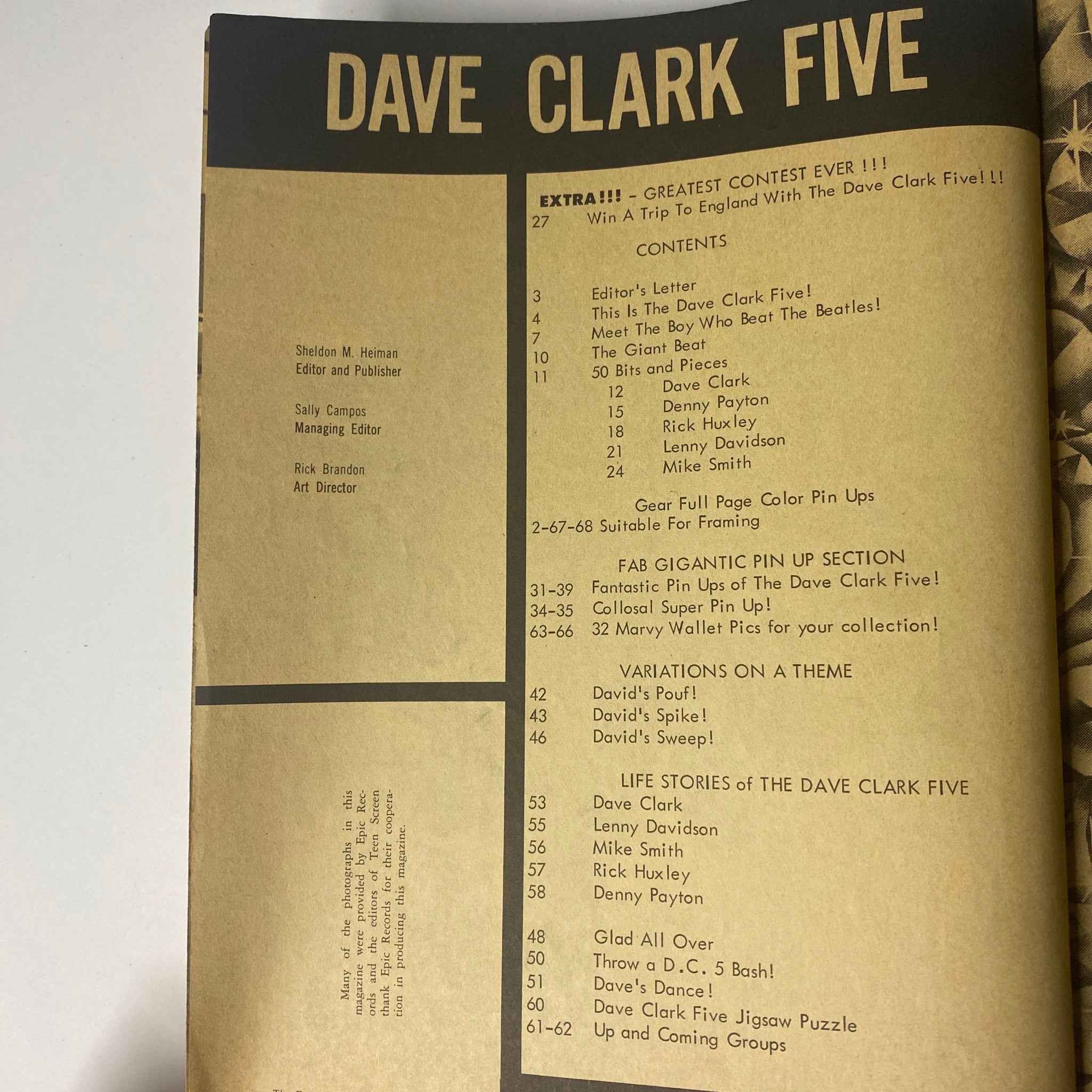 Inside page of the 1964 Dave Clark Five Magazine displaying the table of contents, highlighting exciting articles, contests, and features related to the band.