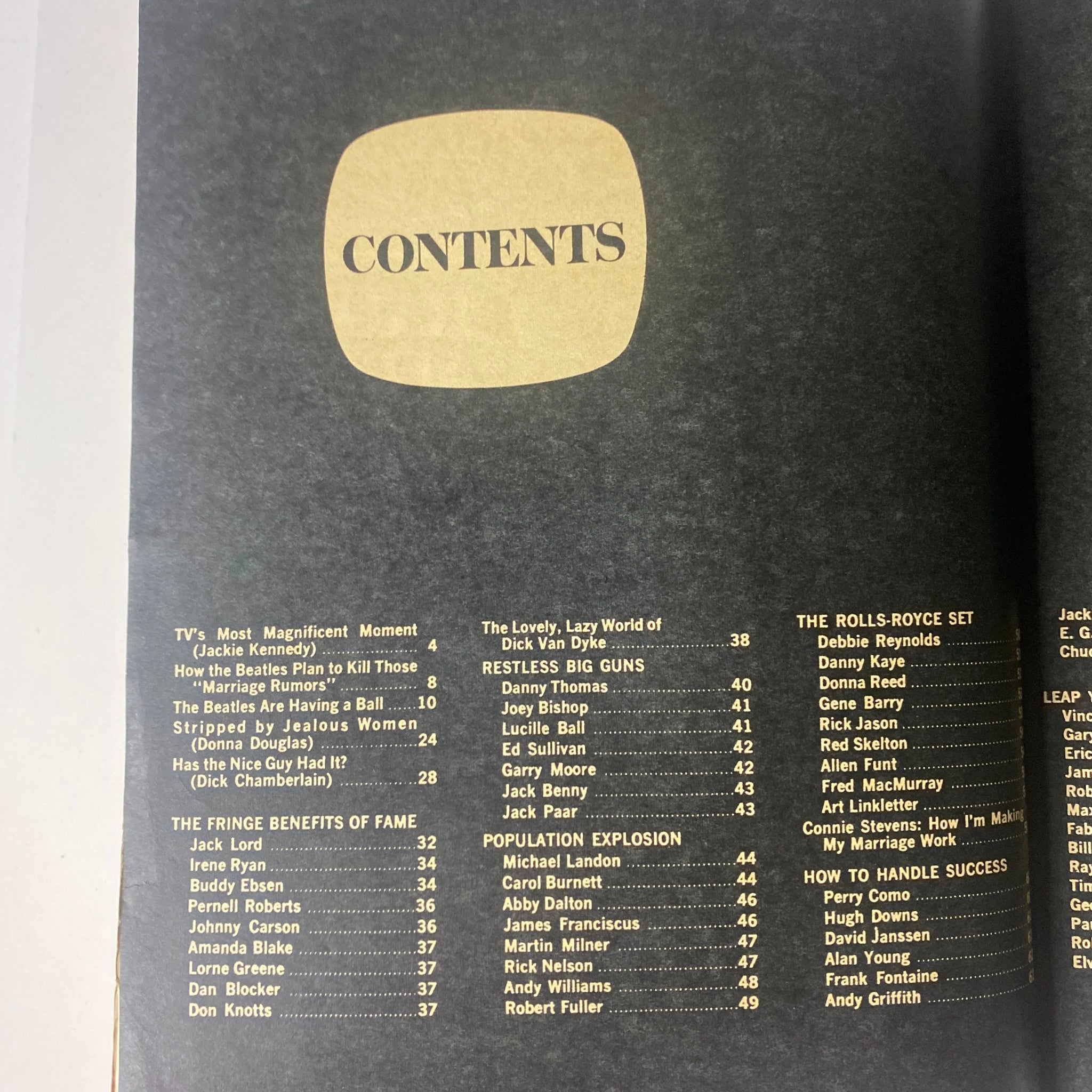 Contents page of the 1965 TV Radio Album magazine, outlining articles about Jackie Kennedy and The Beatles, among other notable features.