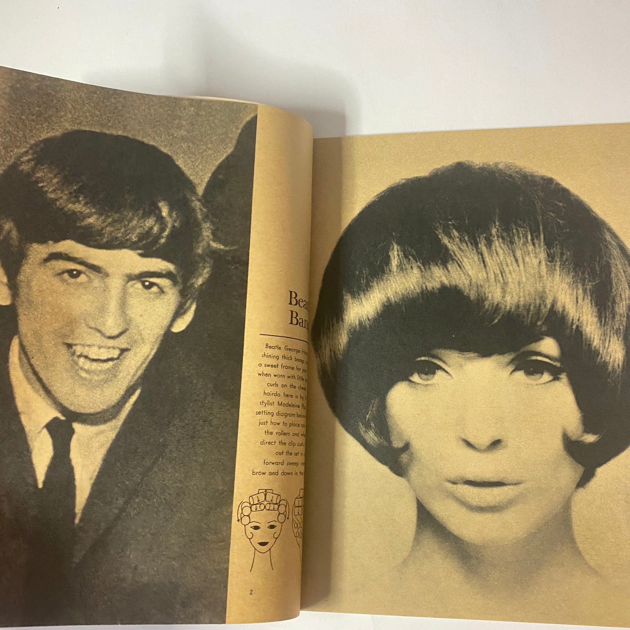 Page from '1964 Beatle Hairdos and Setting Patterns No Label' displaying George Harrison's hairstyle alongside a model with a similar Beatle-inspired look.