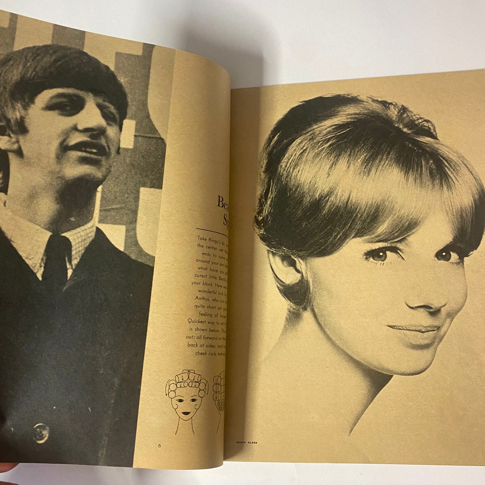 Page from '1964 Beatle Hairdos and Setting Patterns No Label' featuring Ringo Starr's photo with accompanying hairstyle inspiration for fans.