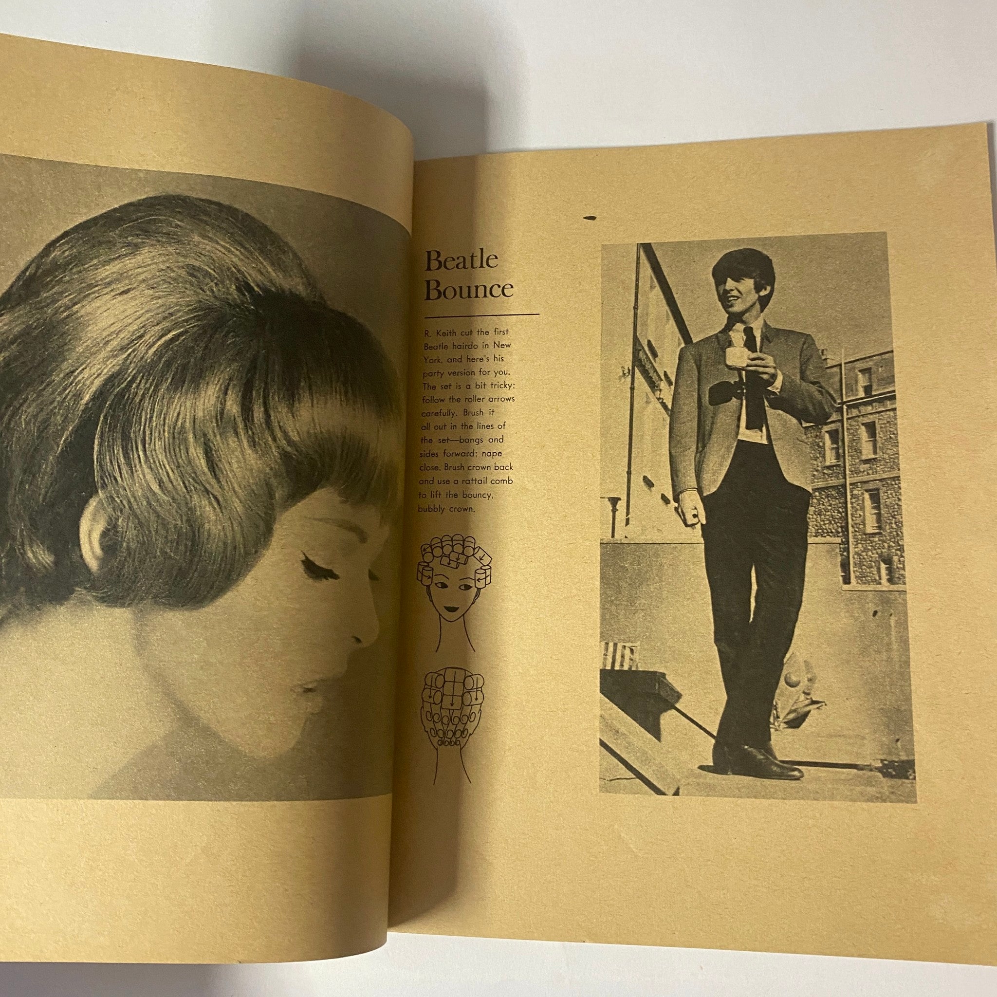 1964 Beatle Hairdos and Setting Patterns featuring a retro hairstyle illustration titled 'Beatle Bounce' alongside a model in a stylish outfit.
