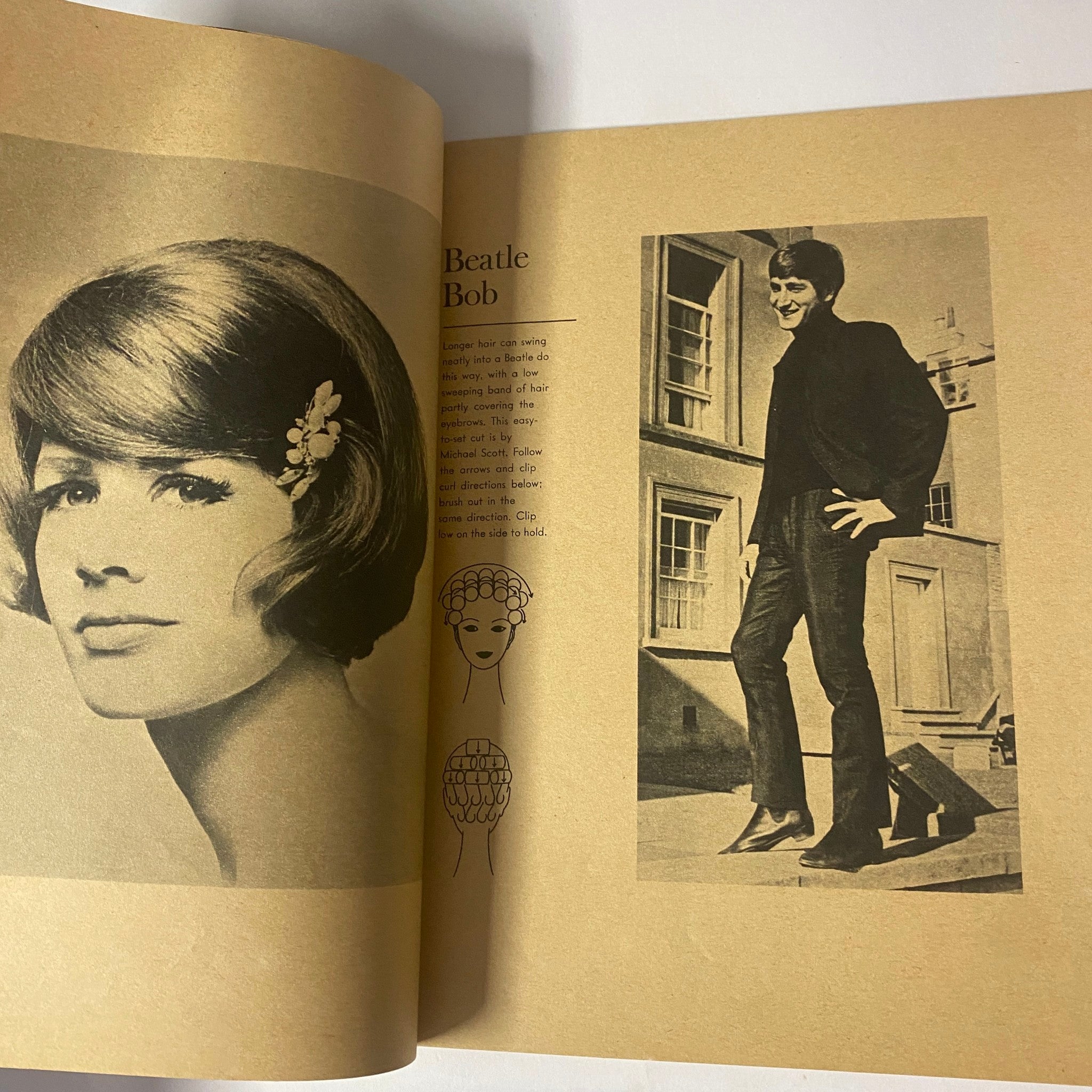 1964 Beatle Hairdos and Setting Patterns showcasing a vintage hairstyle illustration labeled 'Beatle Bob' with a fashionable male model in the background.