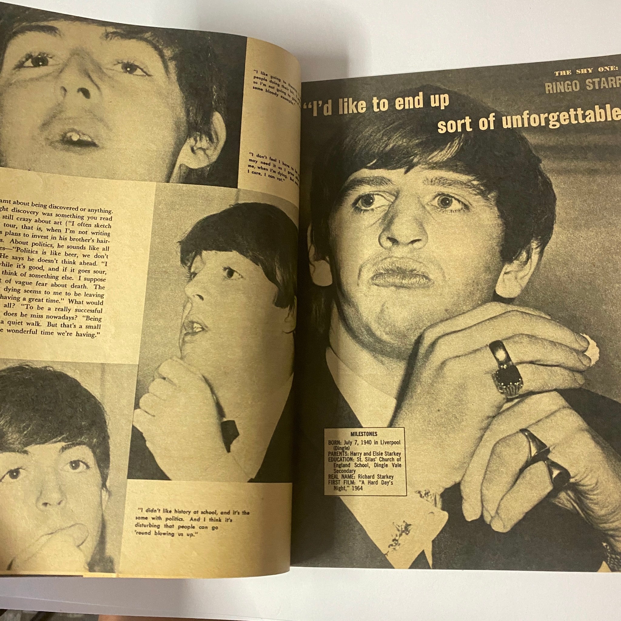 Vintage image from Hollywood Life Stories Magazine 1964 No. 14 featuring Ringo Starr, capturing his thoughtful expression and quotes about his aspirations in music.