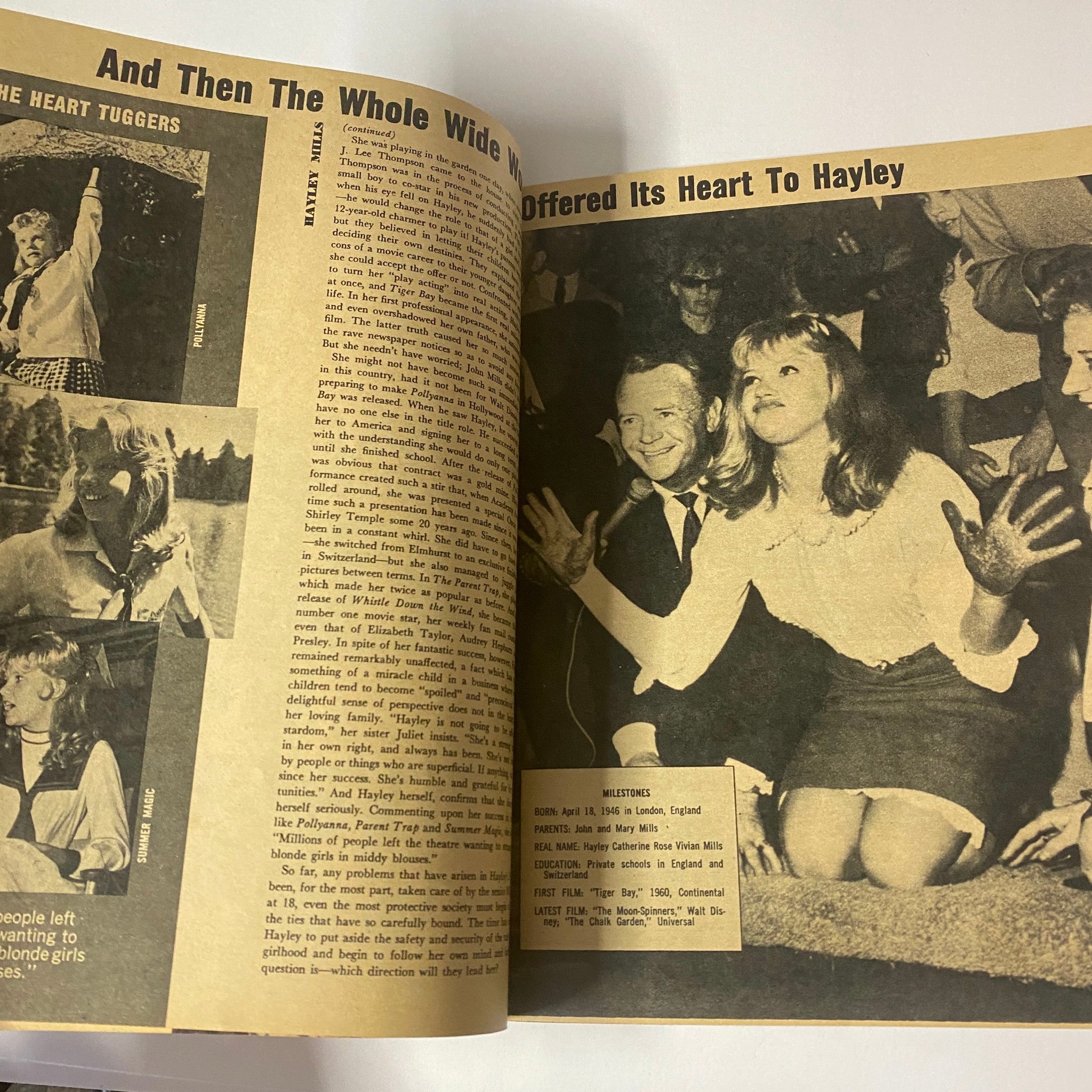 Page from Hollywood Life Stories Magazine 1964 No. 14 displaying actress Hayley Mills engaged in a lively moment, showcasing her charm and the magazine's insights into celebrity culture.