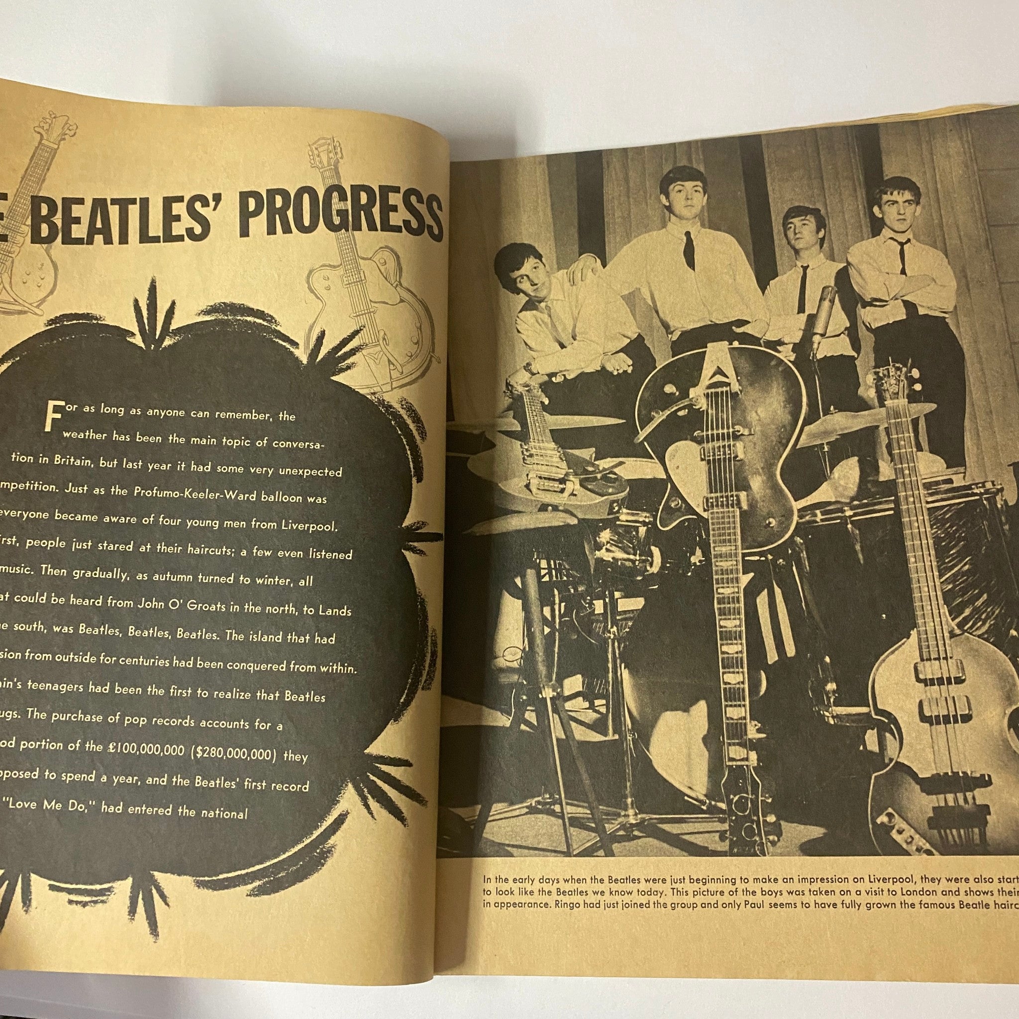 Interior page from '1964 The Real True Beatles Number One' by Michael Braun featuring The Beatles during their early days, showcasing their instruments and performance setup.