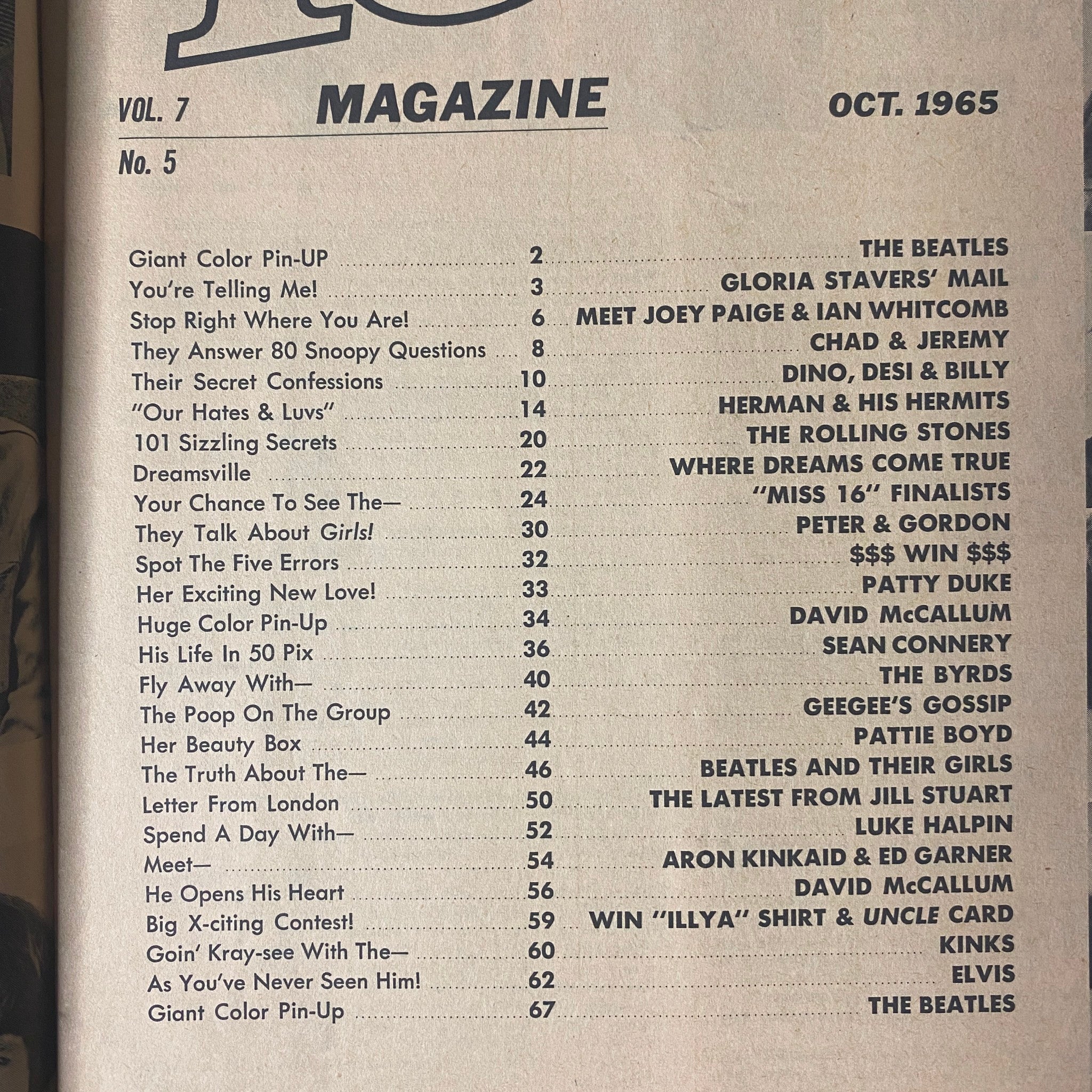 16 Magazine October 1965 Vol 7 No. 5 The Beatles w Pinup No Label VG