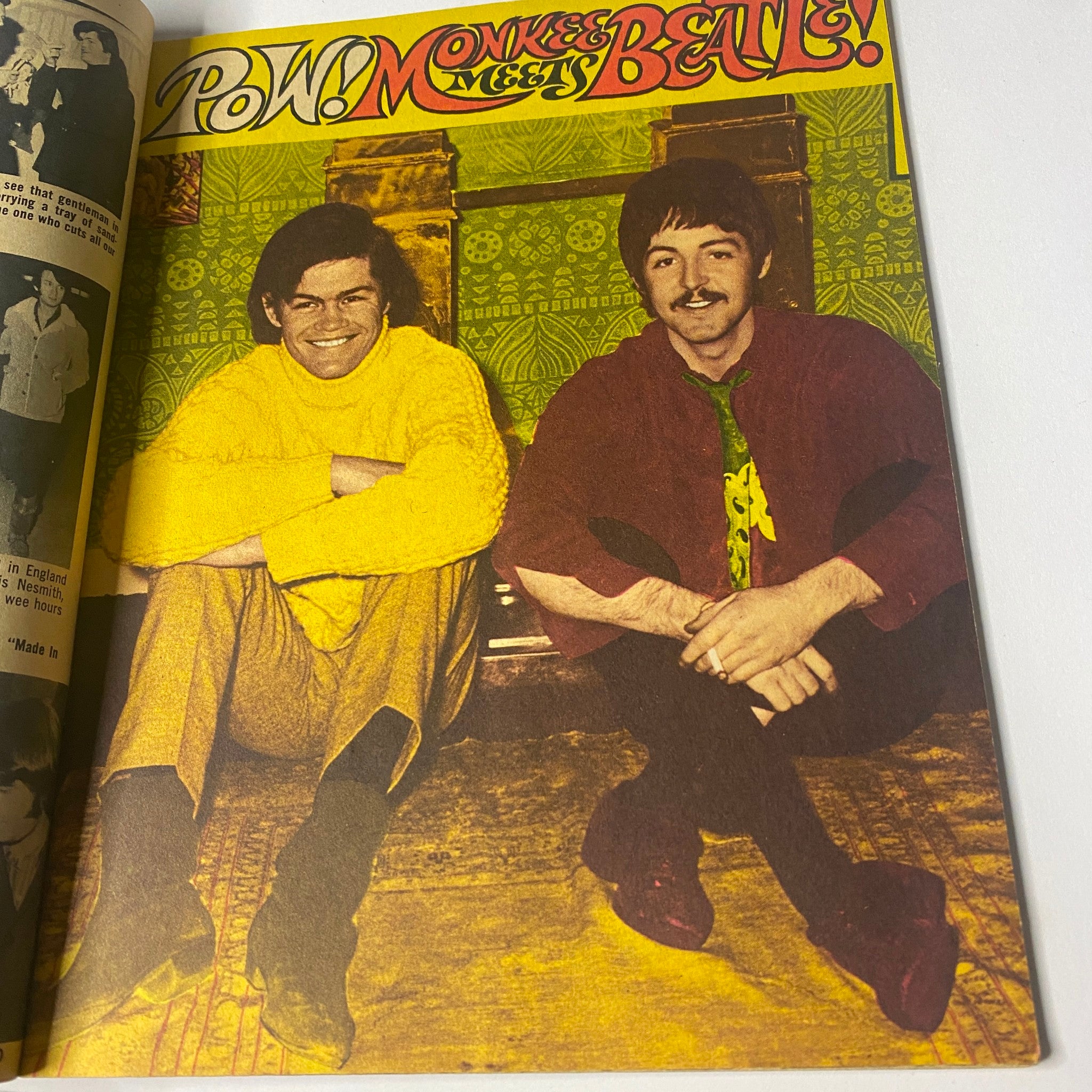 Image of Micky Dolenz and Paul McCartney from 16 Magazine June 1967 Vol 9 No. 1, featuring their encounter with bright colors and a casual vibe.