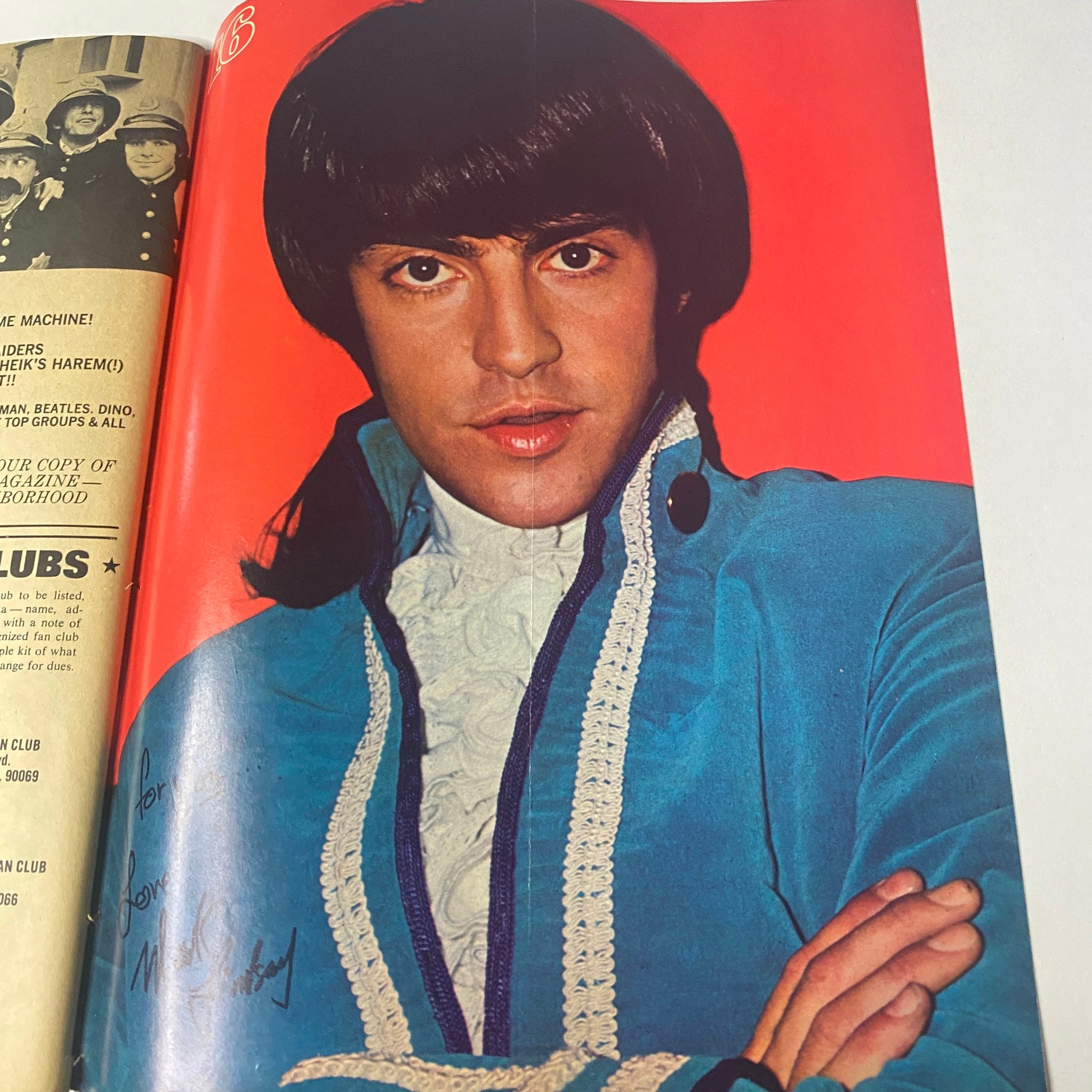 Portrait of Davy Jones in a vibrant blue outfit from 16 Magazine June 1967 Vol 9 No 1, exuding the charm of the 1960s teen idol era.
