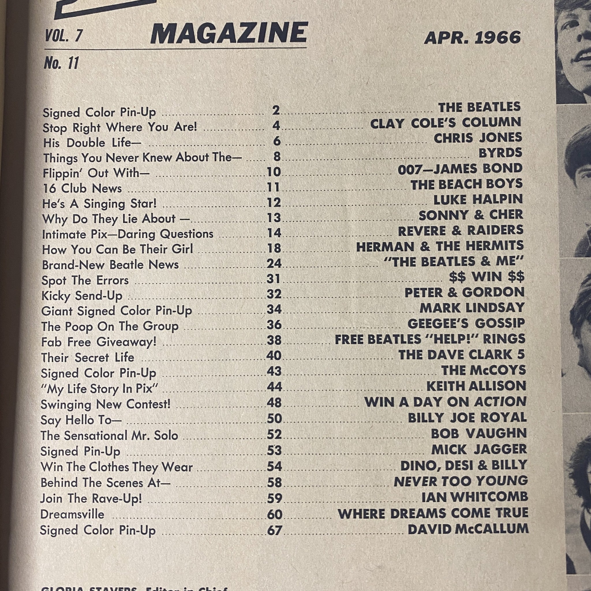 16 Magazine April 1966 Vol 7 No. 11 The Beatles, Clay Cole w Pinup No Label VG