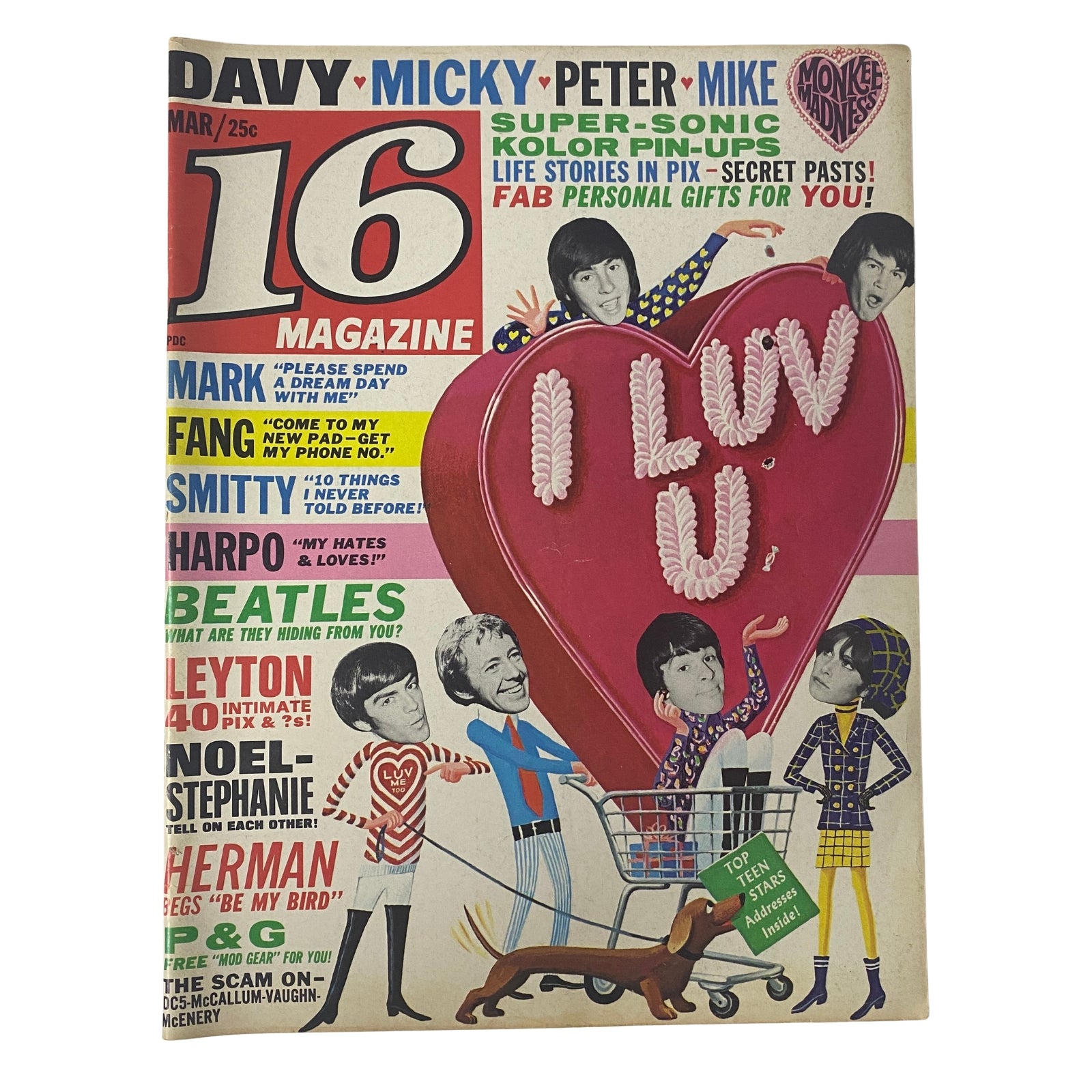 16 Magazine March 1967 Vol 8 No. 10 Peter Tork, Davy Jones w Pinup No Label