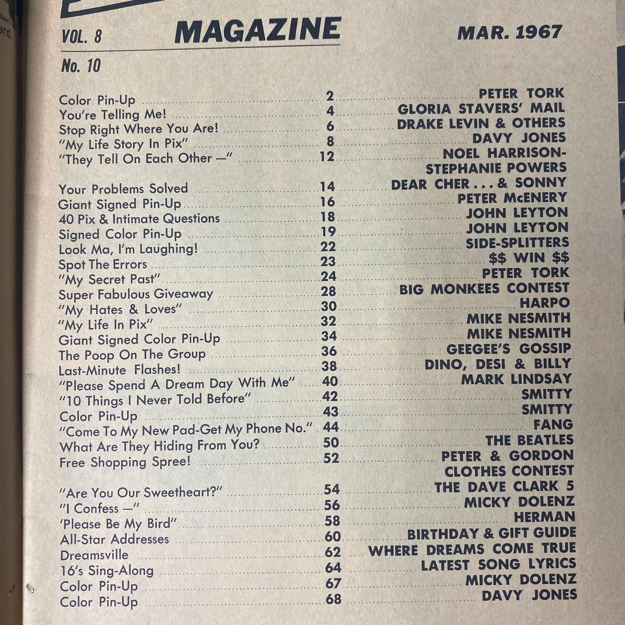 16 Magazine March 1967 Vol 8 No. 10 Peter Tork, Davy Jones w Pinup No Label