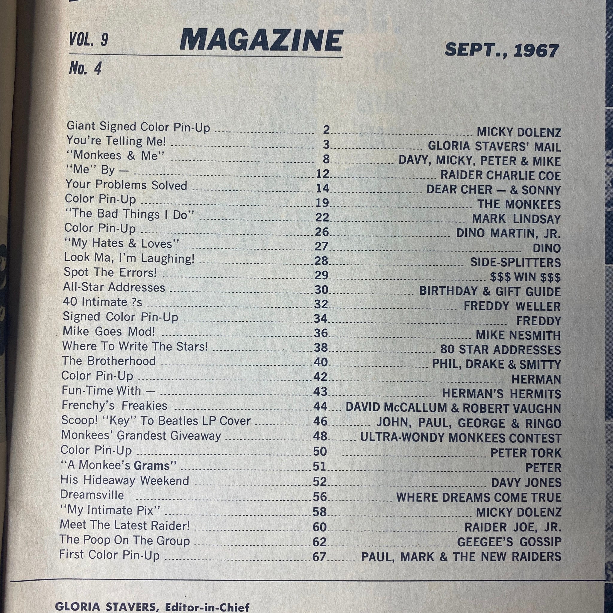 16 Magazine September 1967 Vol 9 No. 4 Micky Dolenz w Pinup No Label
