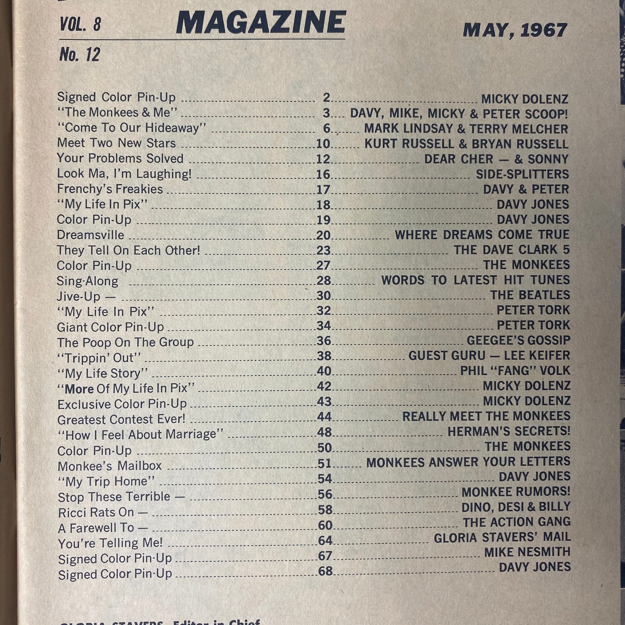 16 Magazine May 1967 Vol 8 No. 12 Micky Dolenz, Cher & Sonny w Pinup No Label
