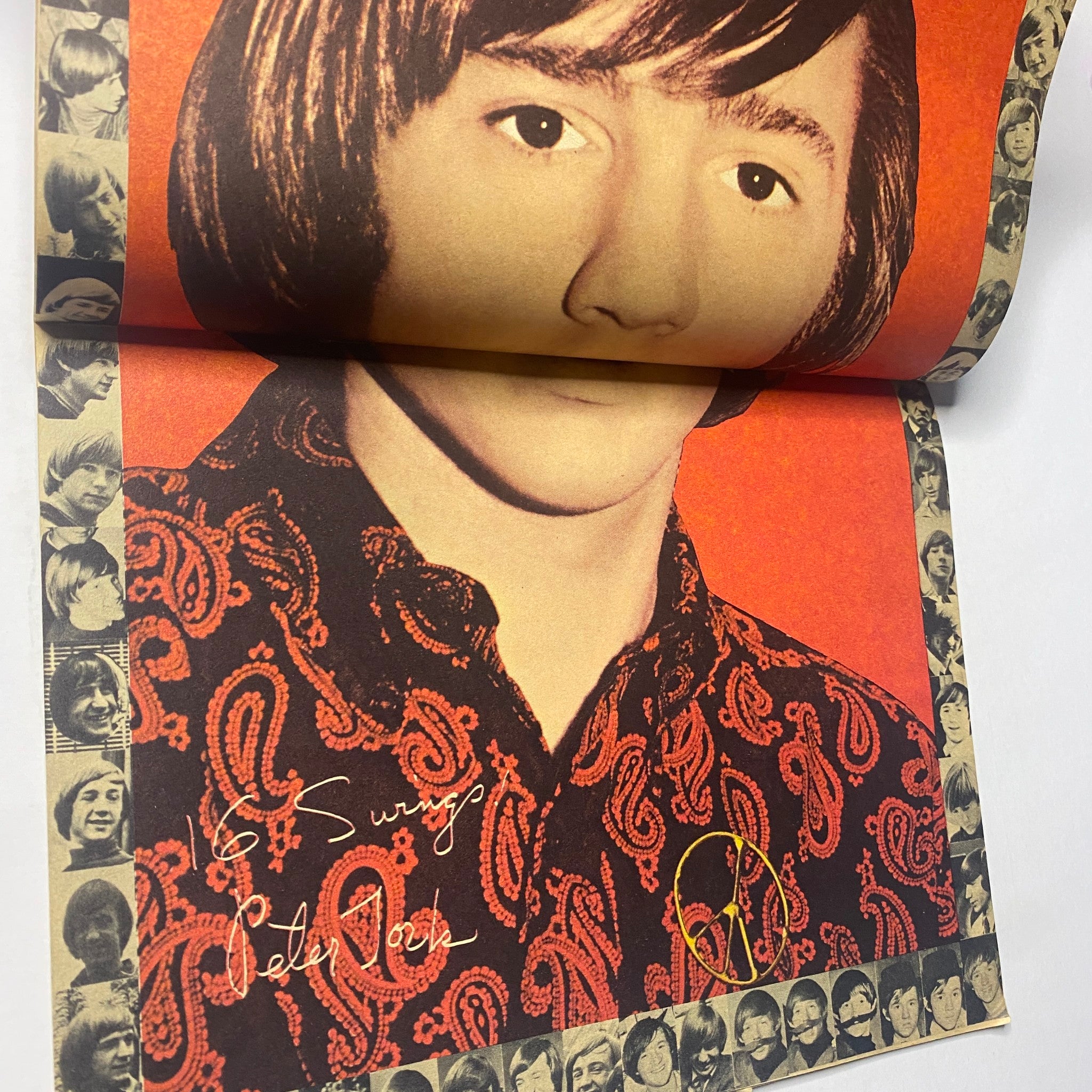 Color pin-up page of Peter Tork from 16 Magazine May 1967 Vol 8 No. 12, displaying a stylish look in a paisley shirt.