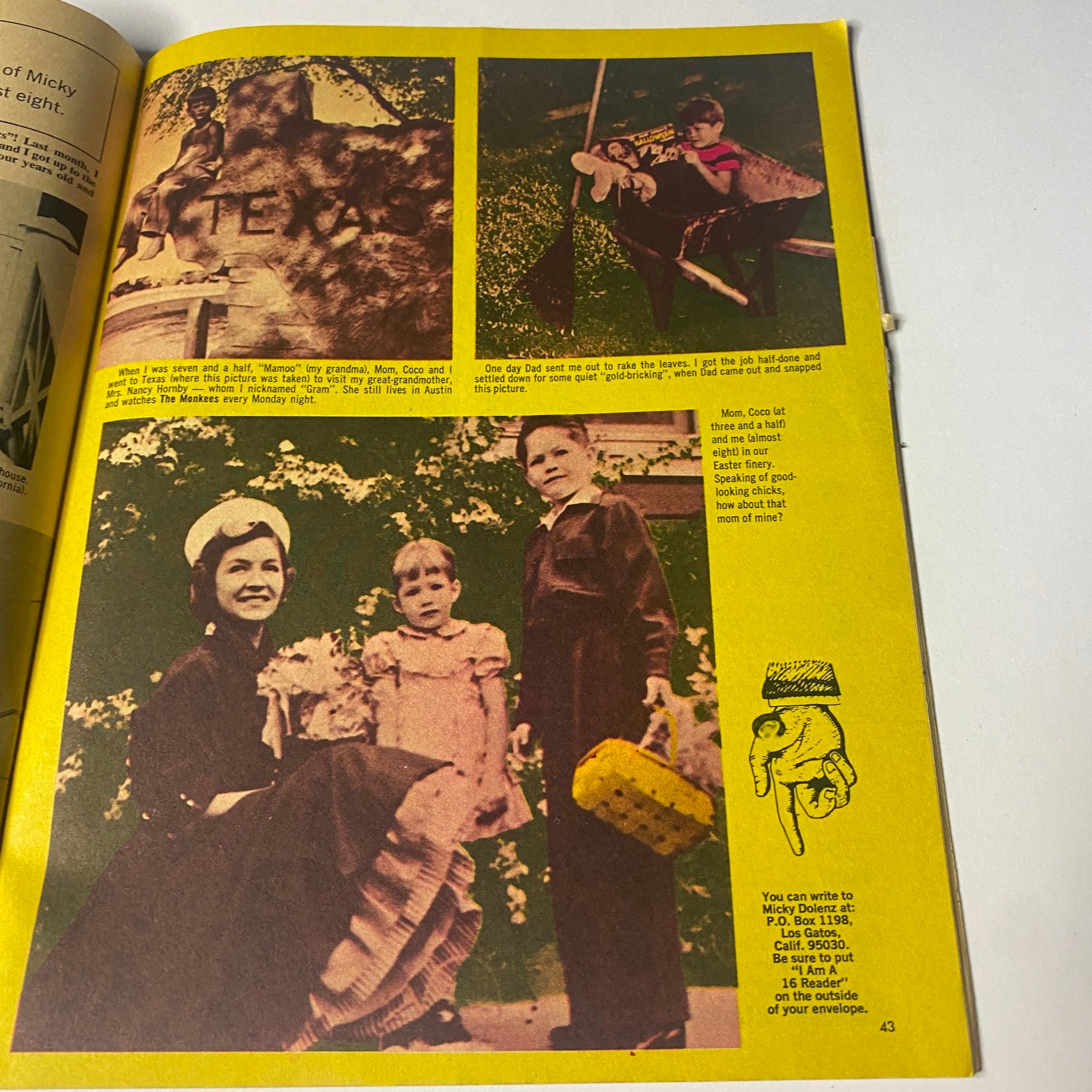 Vintage photo collage from 16 Magazine May 1967 Vol. 8 No. 12 featuring scenes from life in the 1960s, including children playing and a woman in period attire.