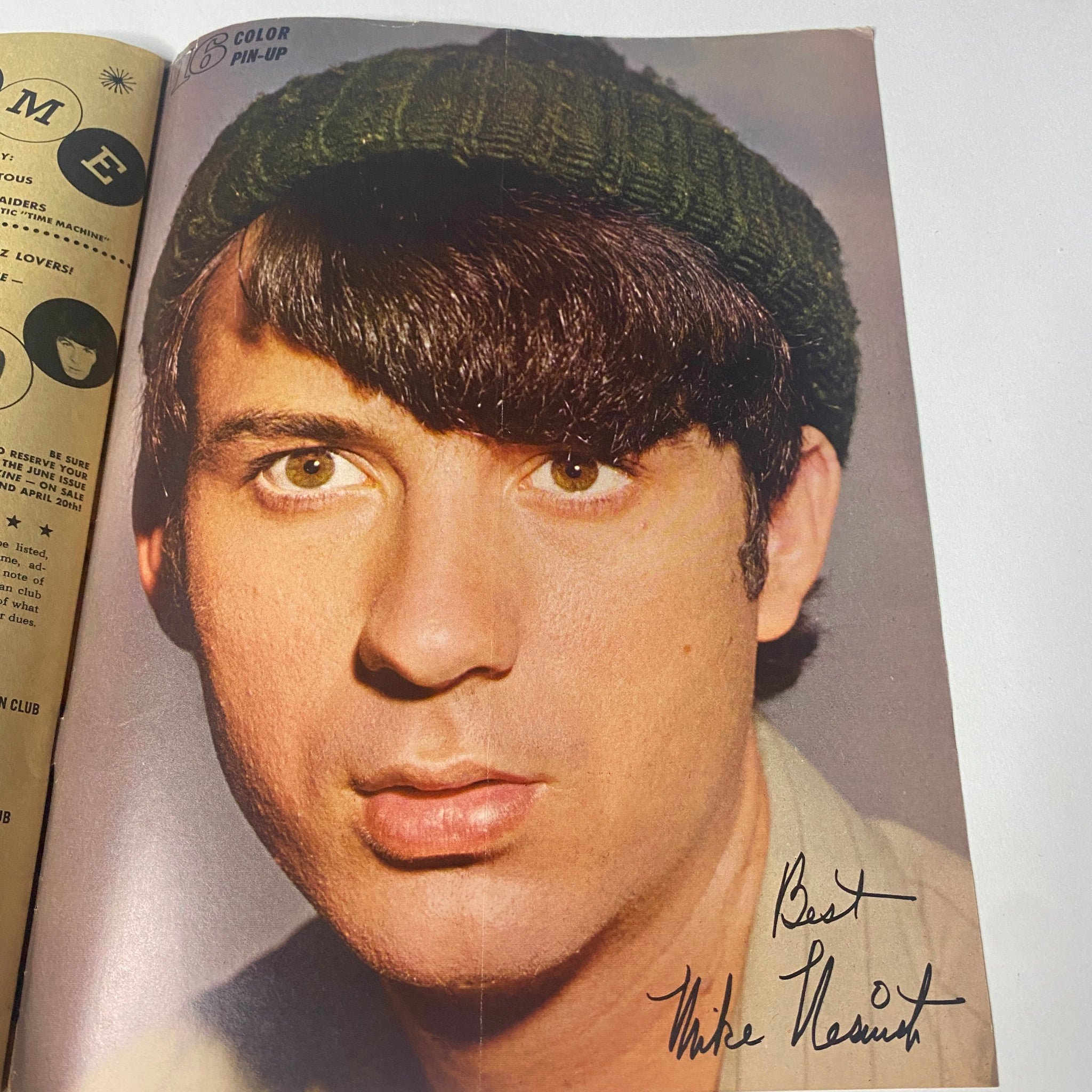 Color pin-up of Mike Nesmith with an autograph in 16 Magazine May 1967 Vol. 8 No. 12, capturing the pop culture essence of the 1960s.