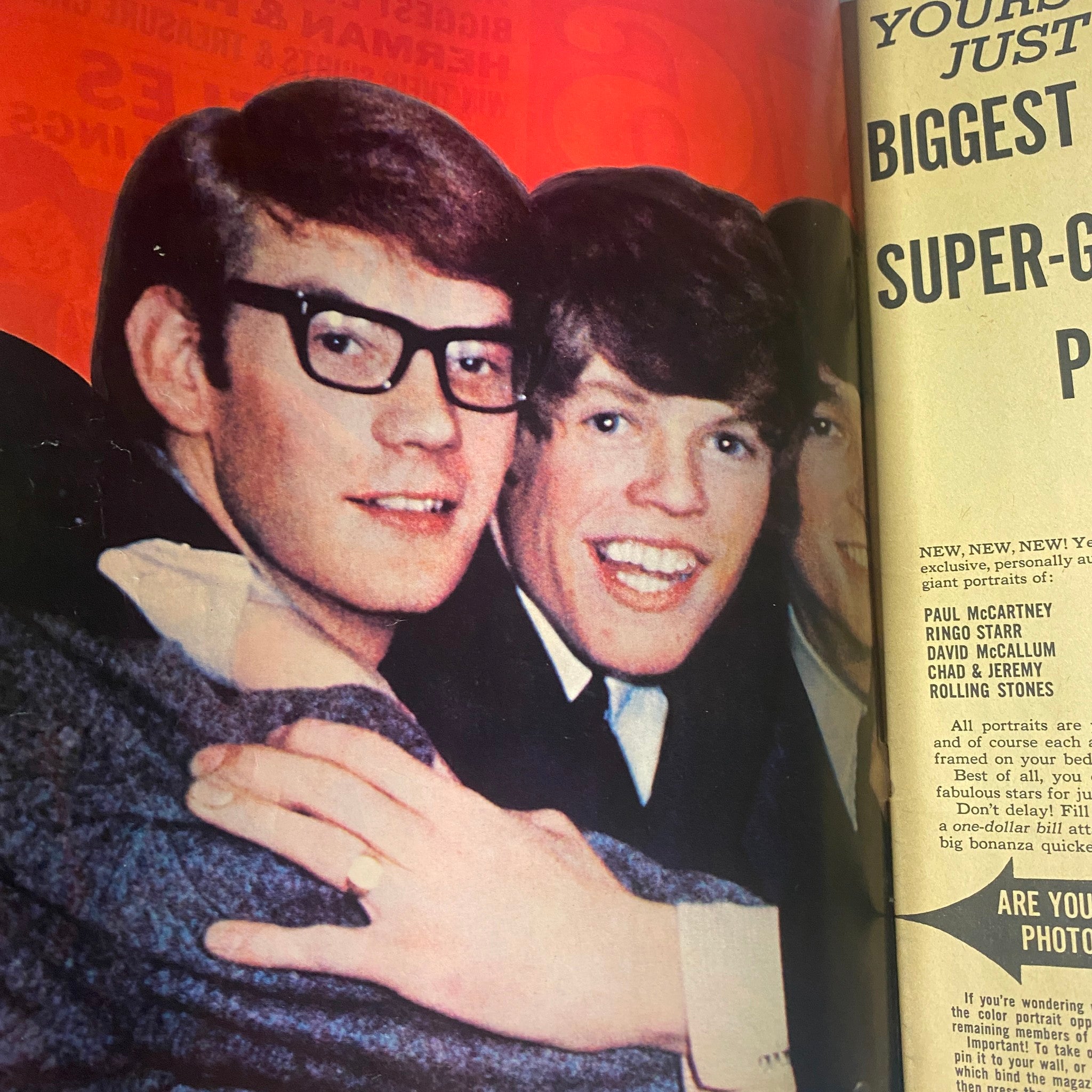 Image from 16 Magazine September 1965 Vol 7 No. 4 featuring a close-up of two young men smiling, highlighting the era's pop culture and music scene.