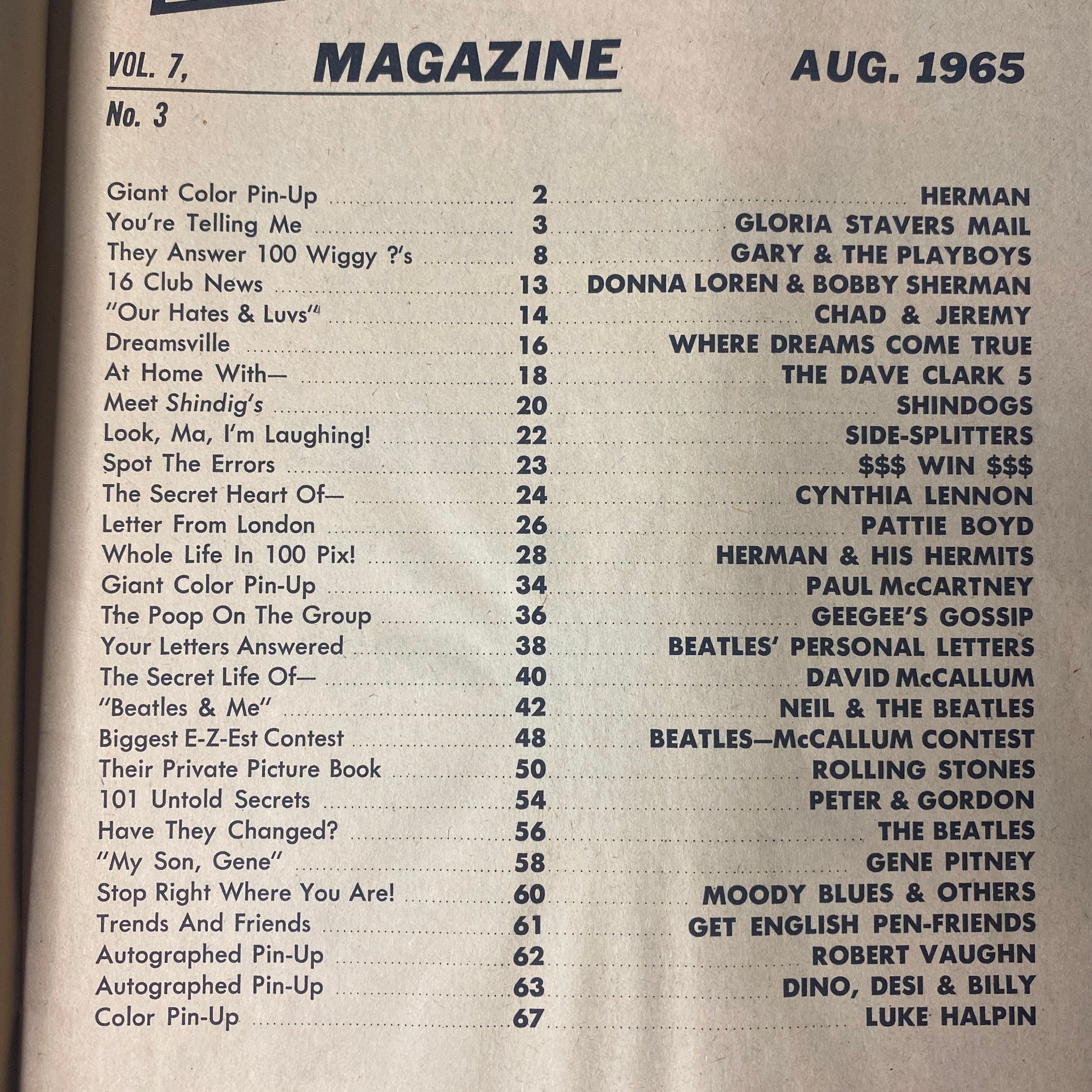 16 Magazine August 1965 Vol 7 No. 3 Gary & The Playboys w Pinup No Label
