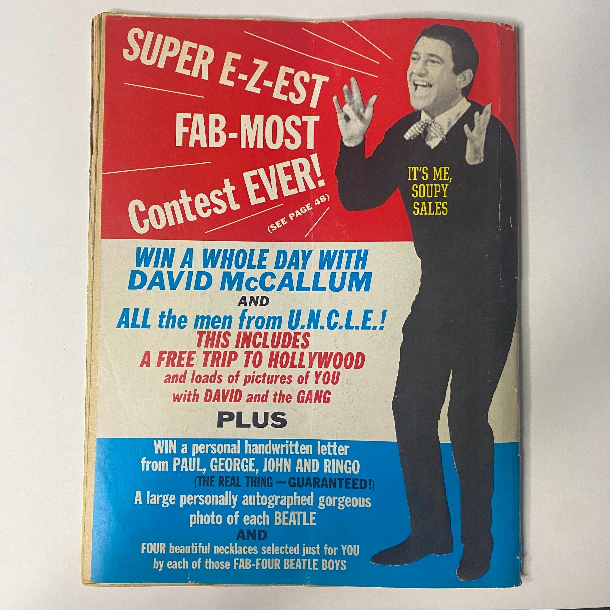 Back cover of 16 Magazine August 1965 Vol 7 No. 3 promoting a contest with David McCallum and featuring Beatles memorabilia.