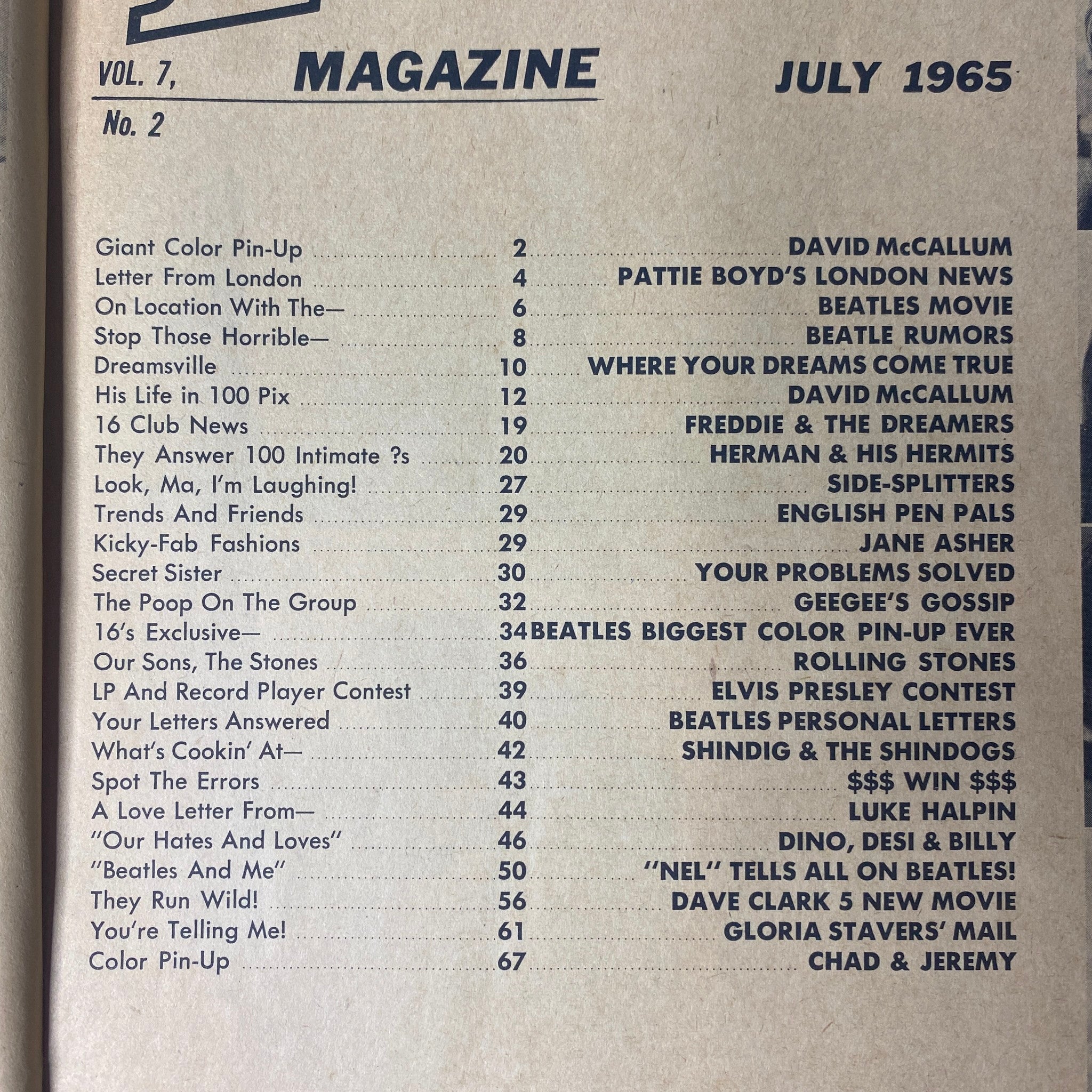 16 Magazine July 1965 Vol 7 No. 2 Freddie & The Dreamers w Pinup No Label