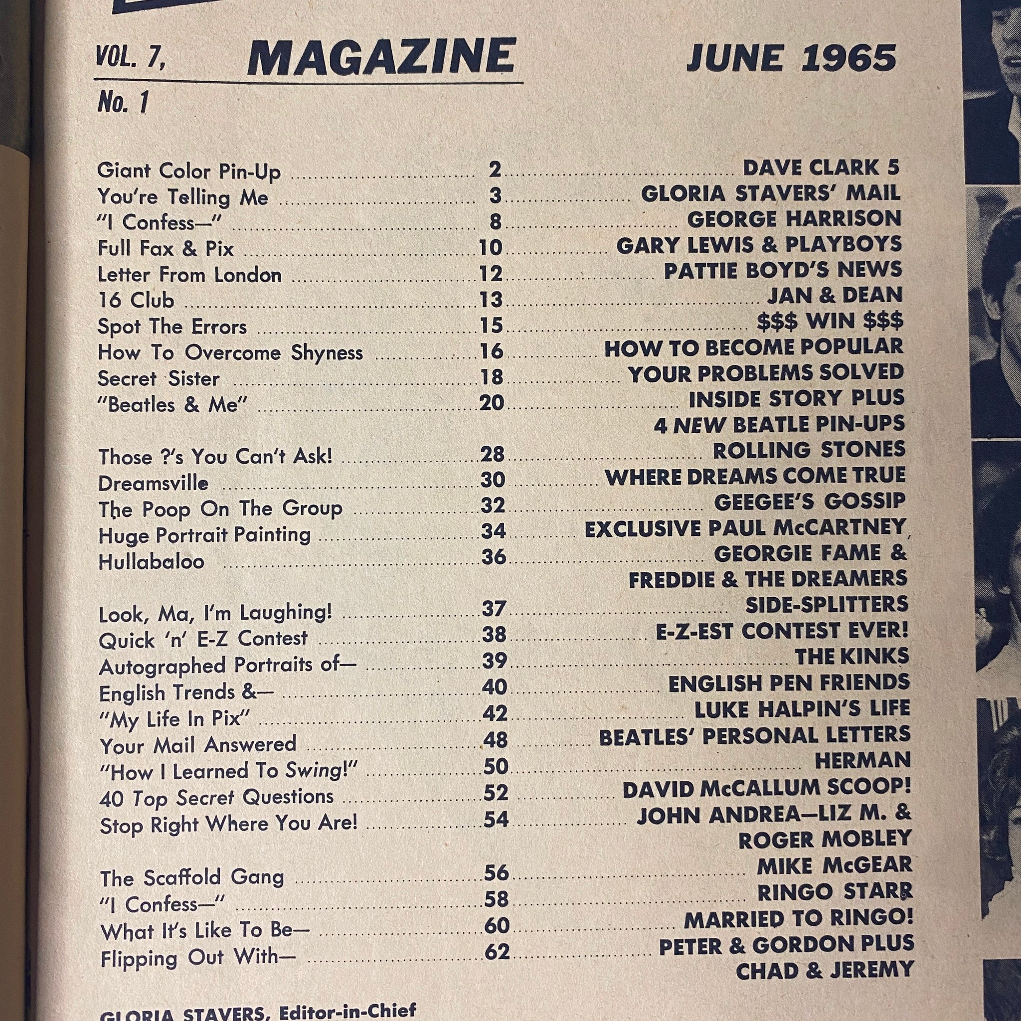 Table of contents from 16 Magazine June 1965 Vol. 7 No. 1 highlighting articles and features. Important for collectors and pop culture enthusiasts.