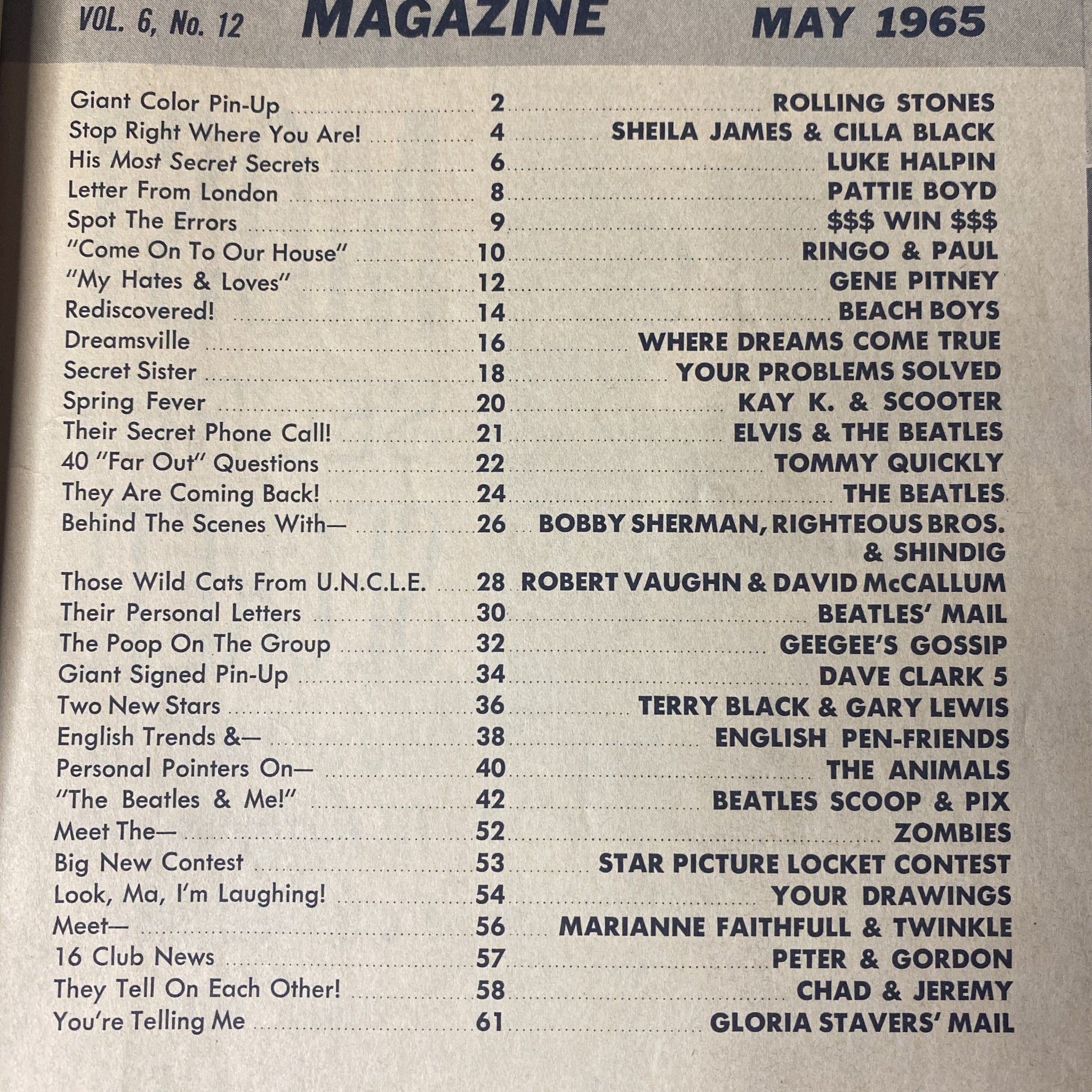 16 Magazine May 1965 Vol 6 No. 12 Rolling Stones w Pinup No Label