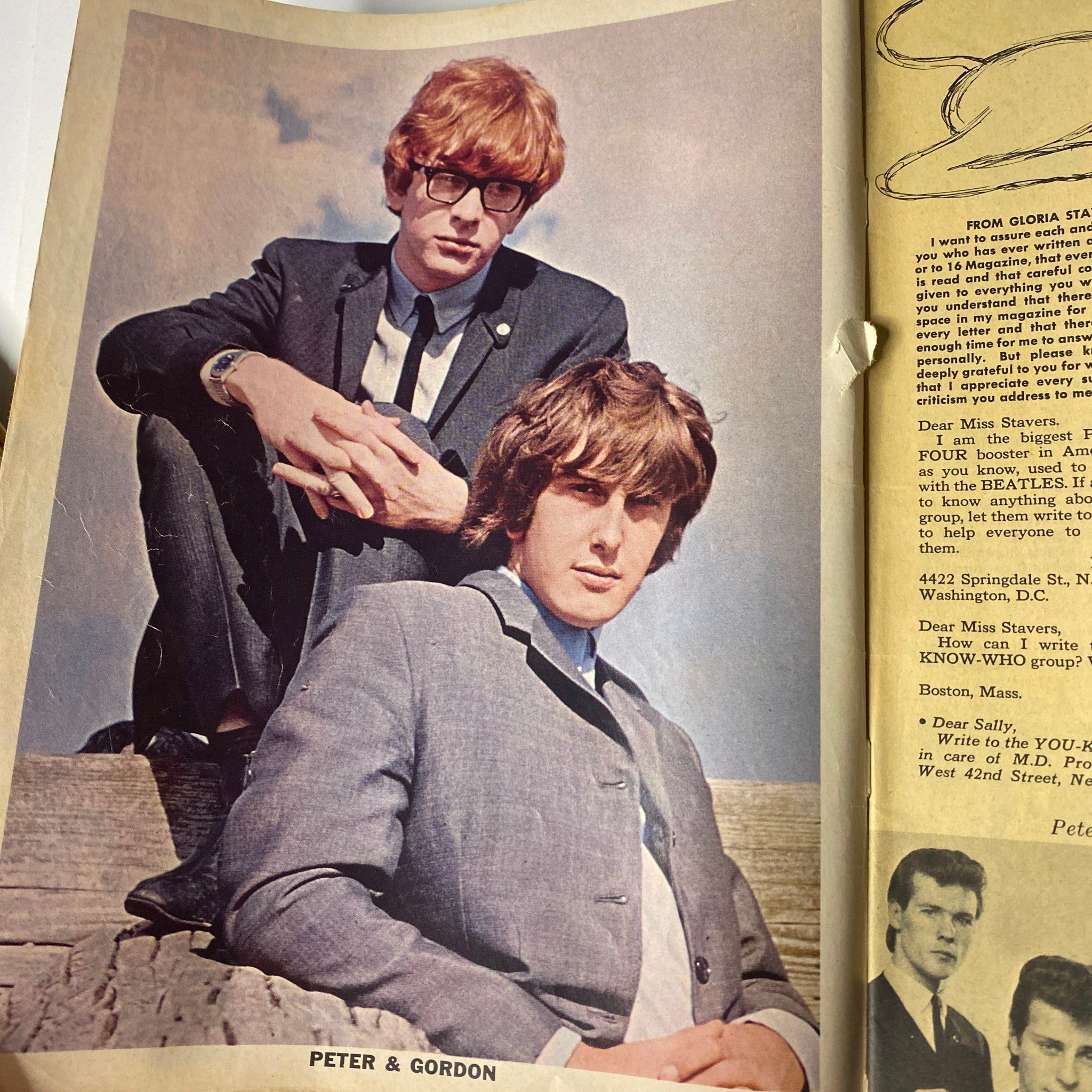 Photograph of Peter & Gordon in 16 Magazine April 1965 captured in a casual pose, showcasing the duo popular during the British Invasion.
