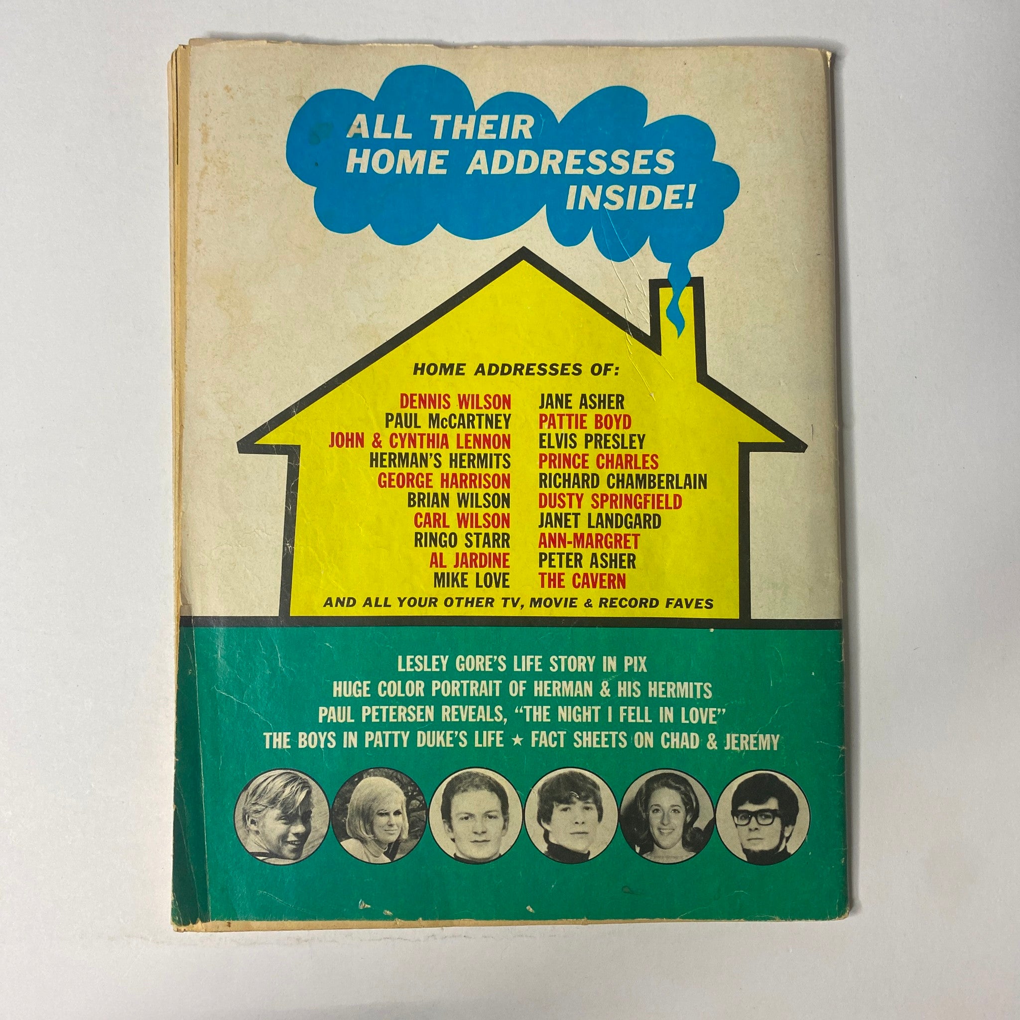 Back cover of 16 Magazine April 1965 displaying a colorful illustration of a house with text highlighting home addresses of celebrities, including Paul McCartney and Ringo Starr.