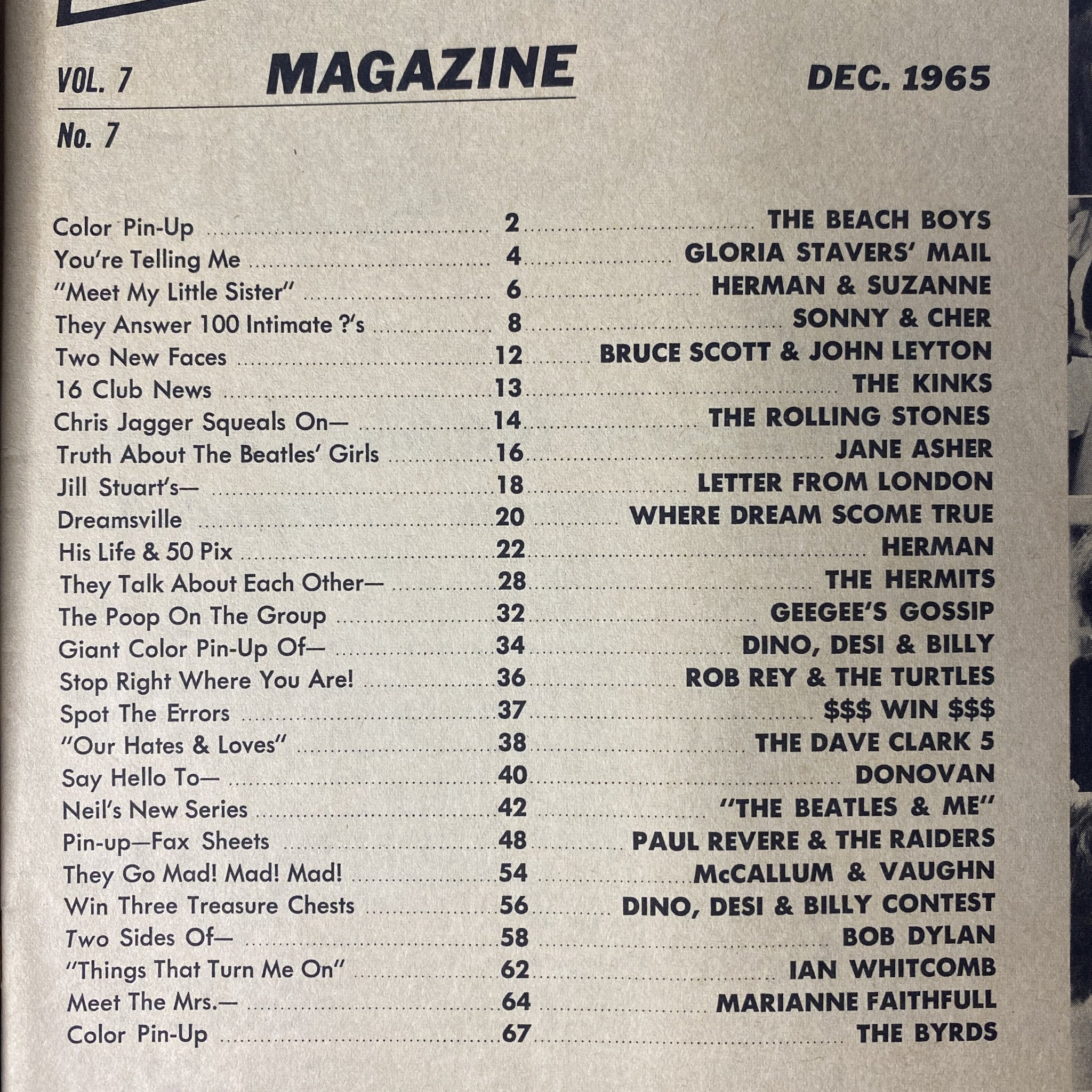 16 Magazine December 1965 Vol 7 No. 7 The Beach Boys w Pinup No Label