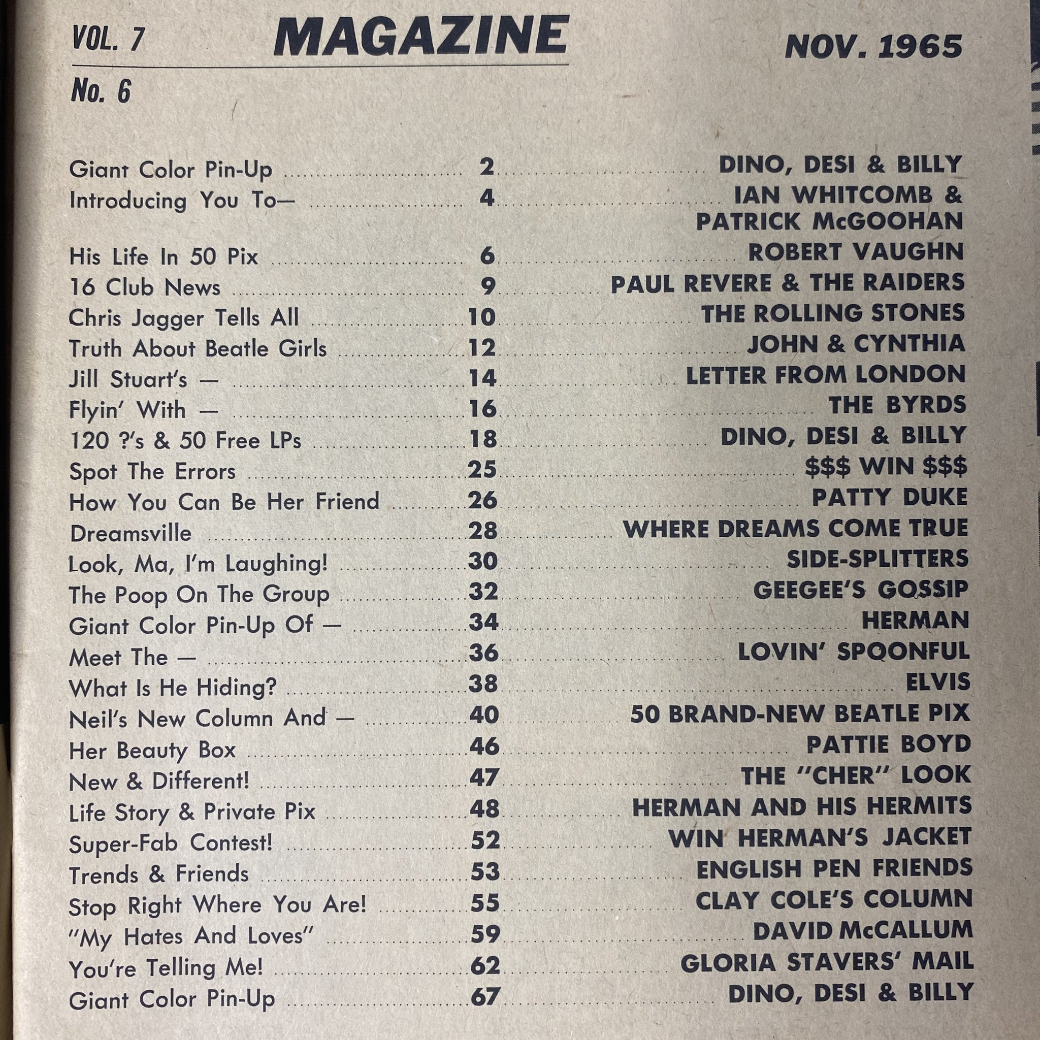 16 Magazine November 1965 Vol 7 No. 6 Dino, Desi & Billy w Pinup No Label