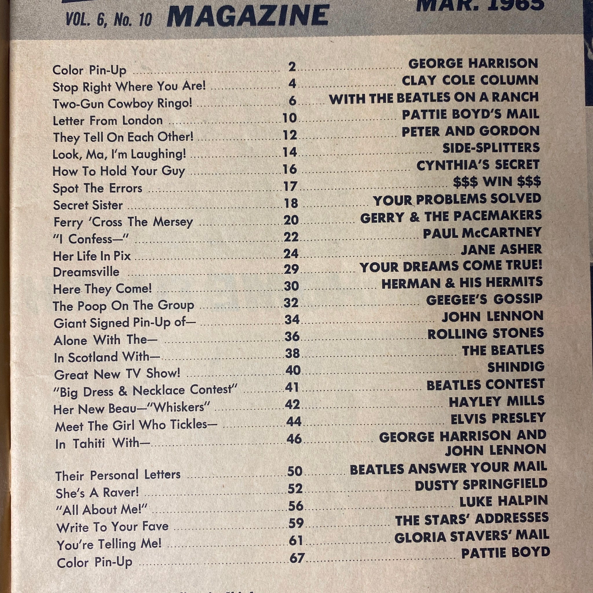 16 Magazine March 1965 Vol 6 No. 10 George Harrison w Pinup No Label