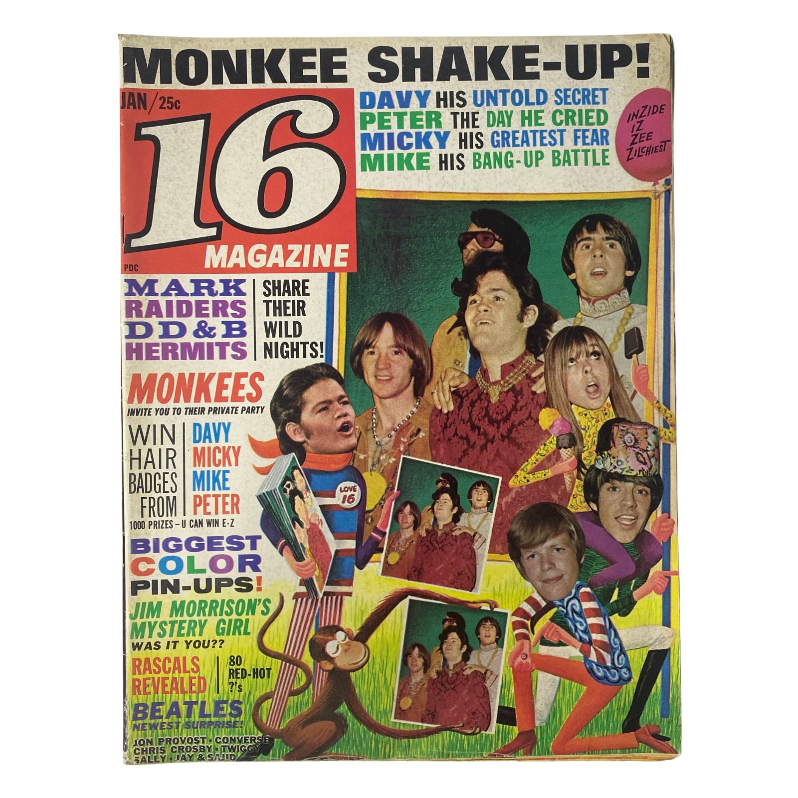 16 Magazine January 1968 Vol 9 No. 8 Jim Morrison, Mark Lindsay w Pinup No Label
