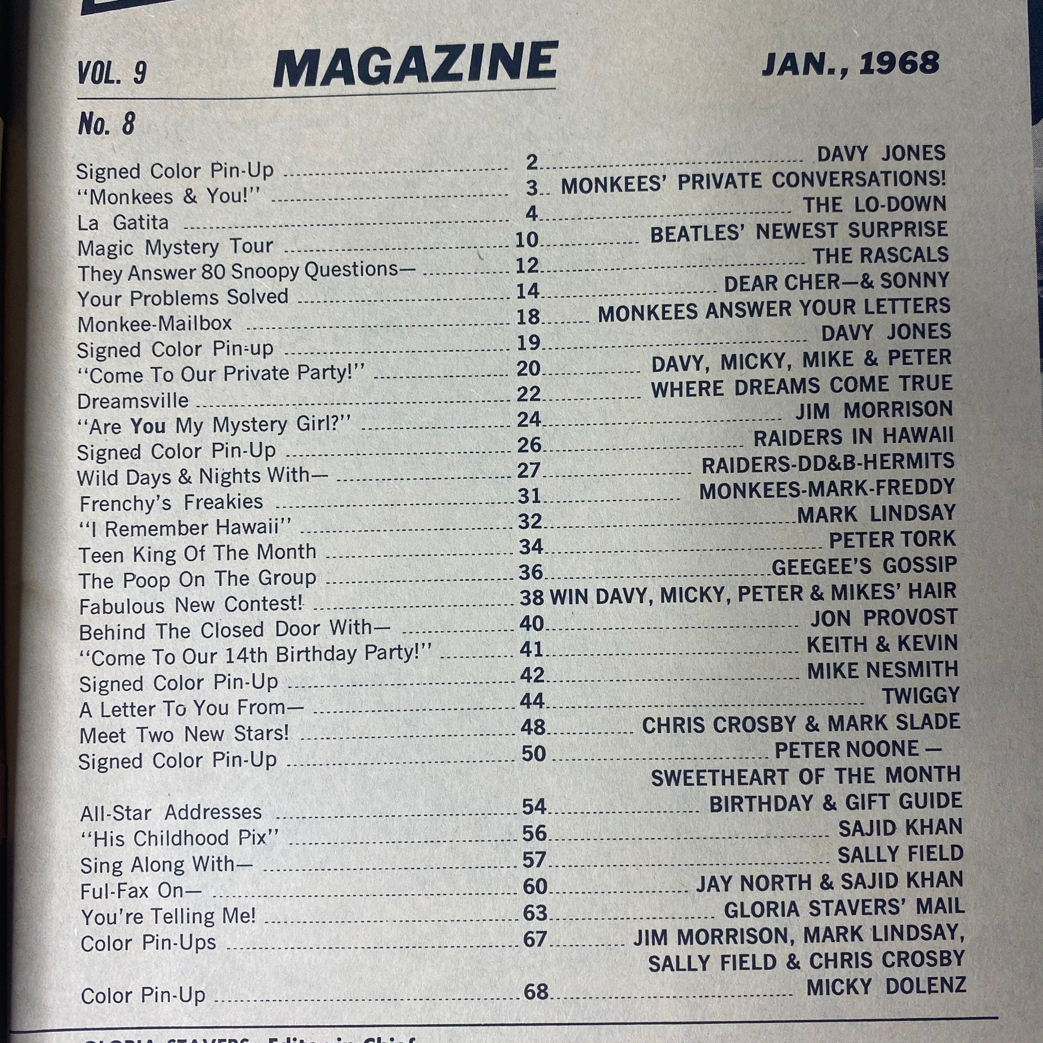 16 Magazine January 1968 Vol 9 No. 8 Jim Morrison, Mark Lindsay w Pinup No Label
