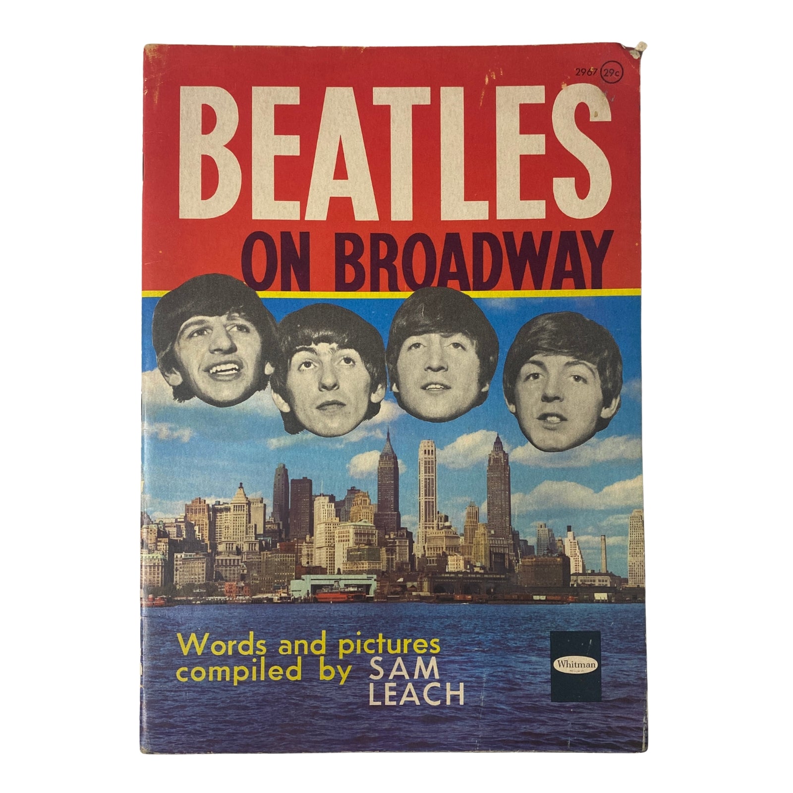 Cover of '1964 Beatles on Broadway' compiled by Sam Leach featuring iconic images of The Beatles with a skyline view.