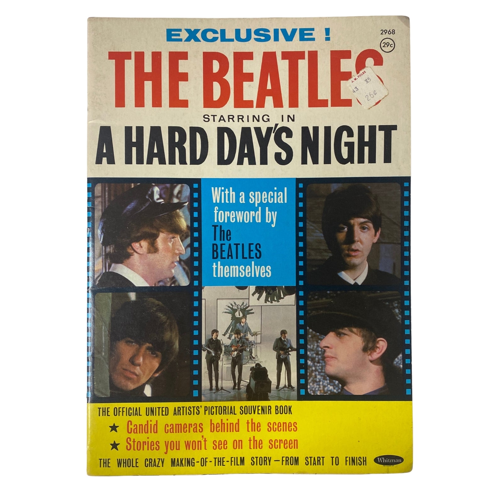 1964 The Beatles Starring in A Hard Day's Night Official Souvenir Book cover featuring iconic images of The Beatles, highlighting the film's promotion and cultural significance.