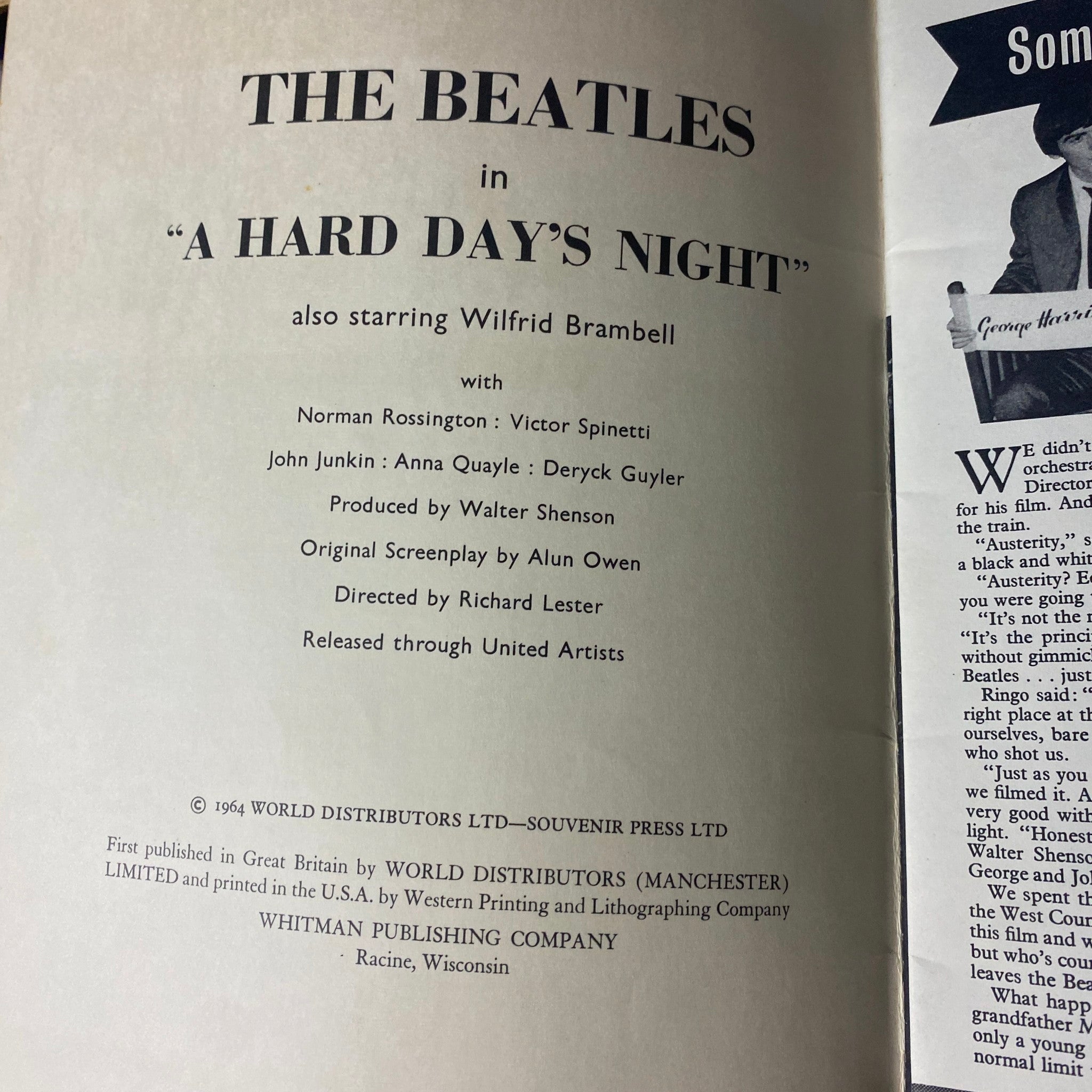 Inside page of the 1964 The Beatles Starring in A Hard Day's Night Official Souvenir Book, featuring cast details including Wilfrid Brambell and production credits.