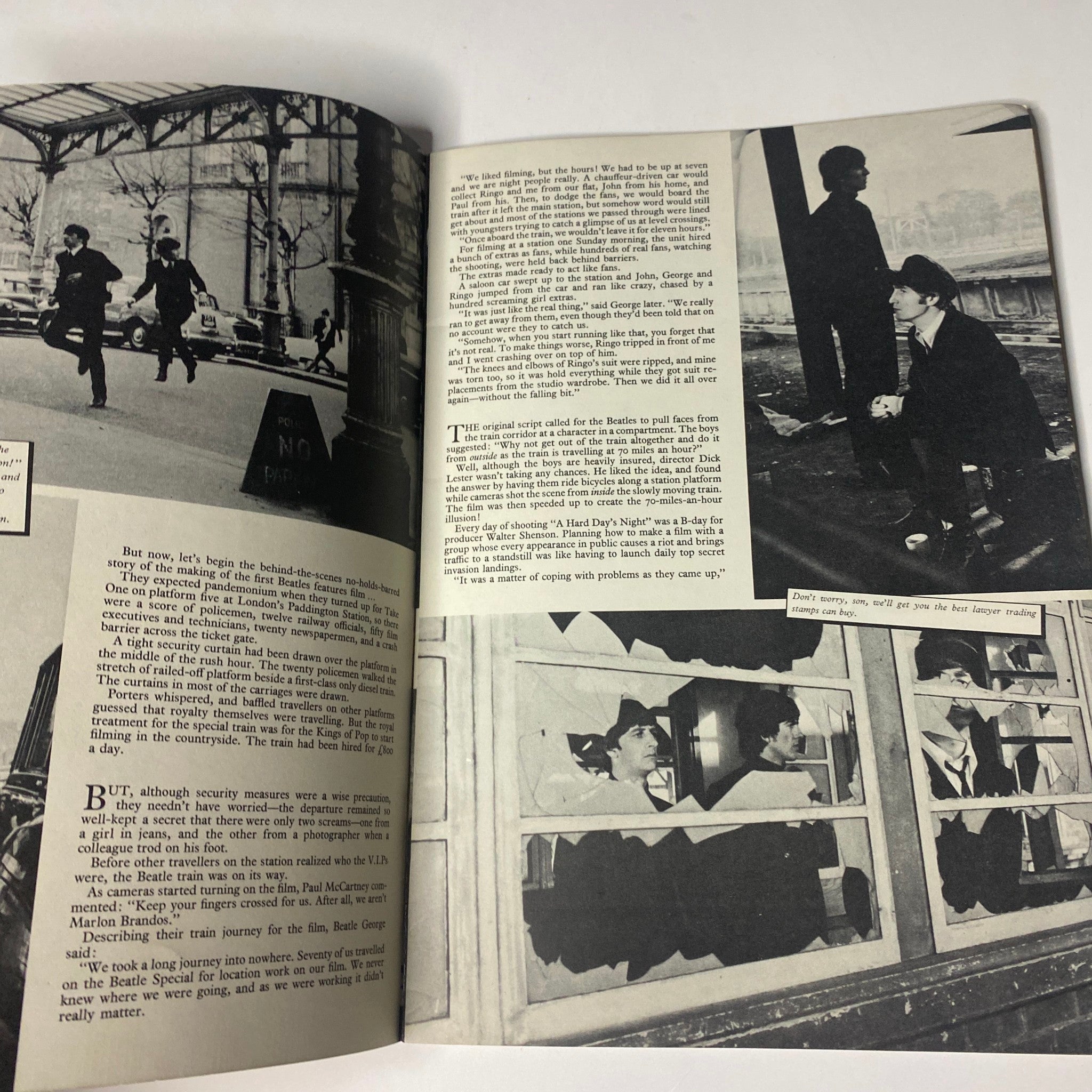 Page from the 1964 The Beatles Starring in A Hard Day's Night Official Souvenir Book, depicting a narrative about the excitement surrounding the film alongside black and white images of the band.