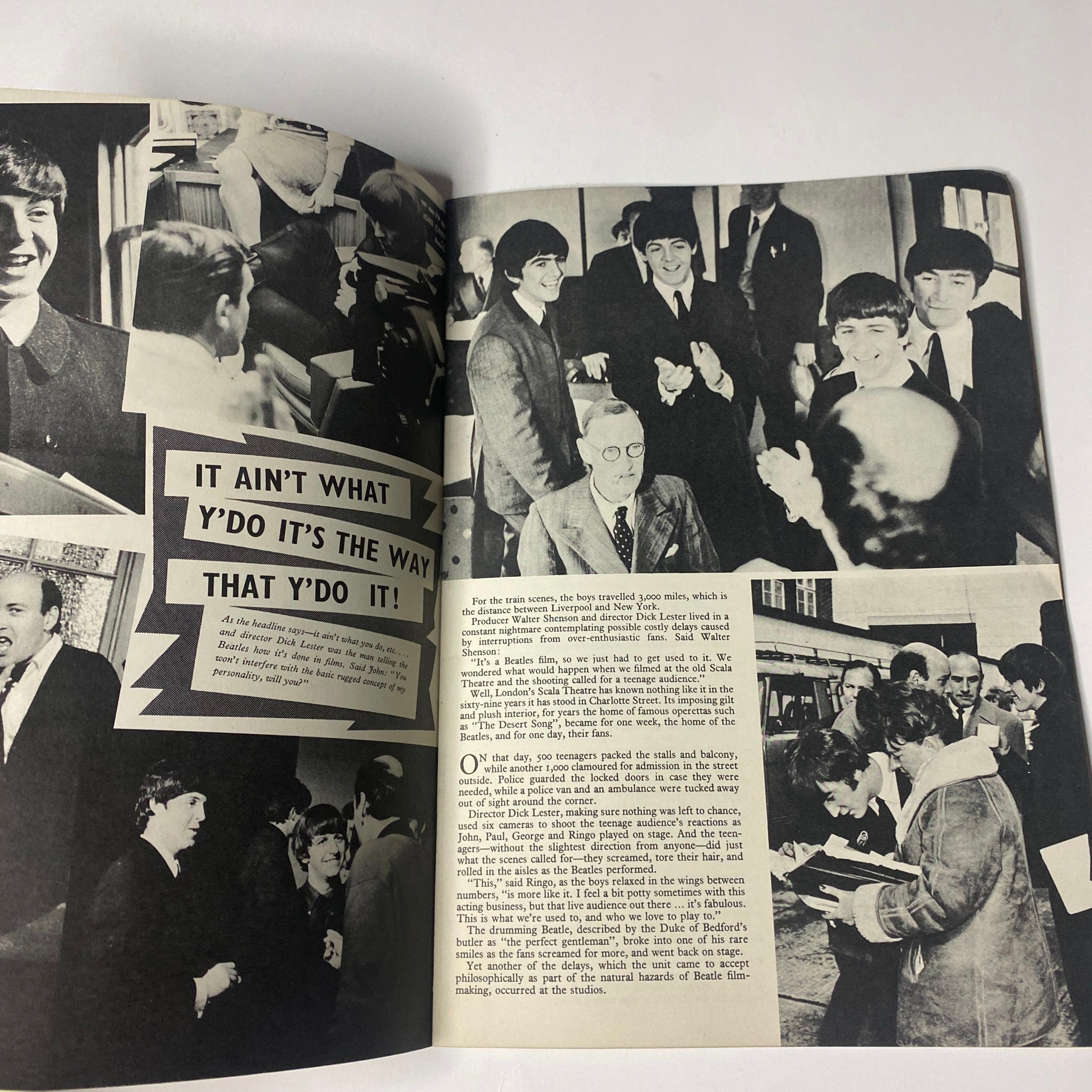 Another page of the 1964 The Beatles Starring in A Hard Day's Night Official Souvenir Book, showcasing a collage of photographs and anecdotes about the band's experiences during filming.