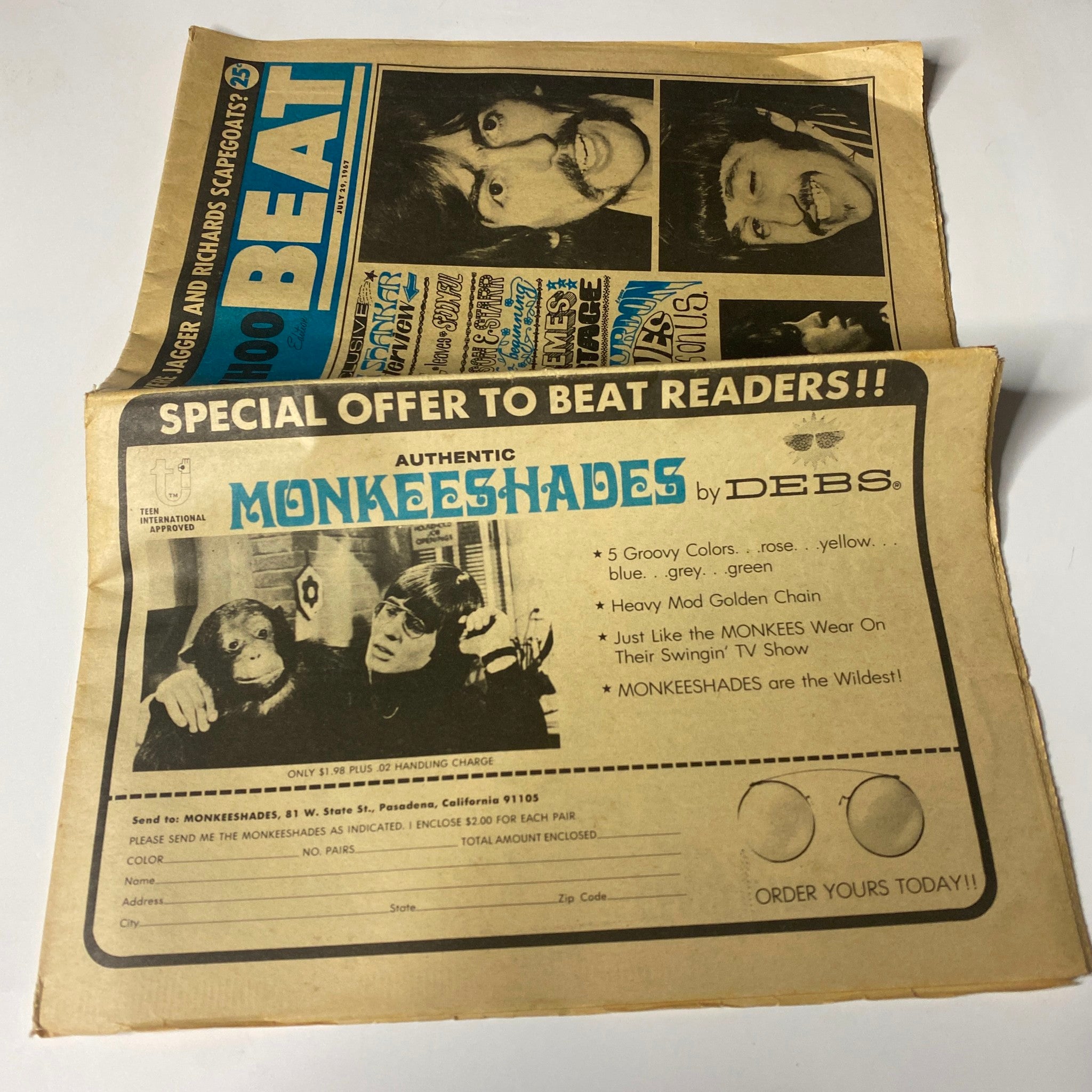 Inside page of Whoo Beat Tabloid Magazine, showcasing a special offer for Monkeeshades with images, July 29, 1967 issue featuring Mick Jagger and Keith Richards.