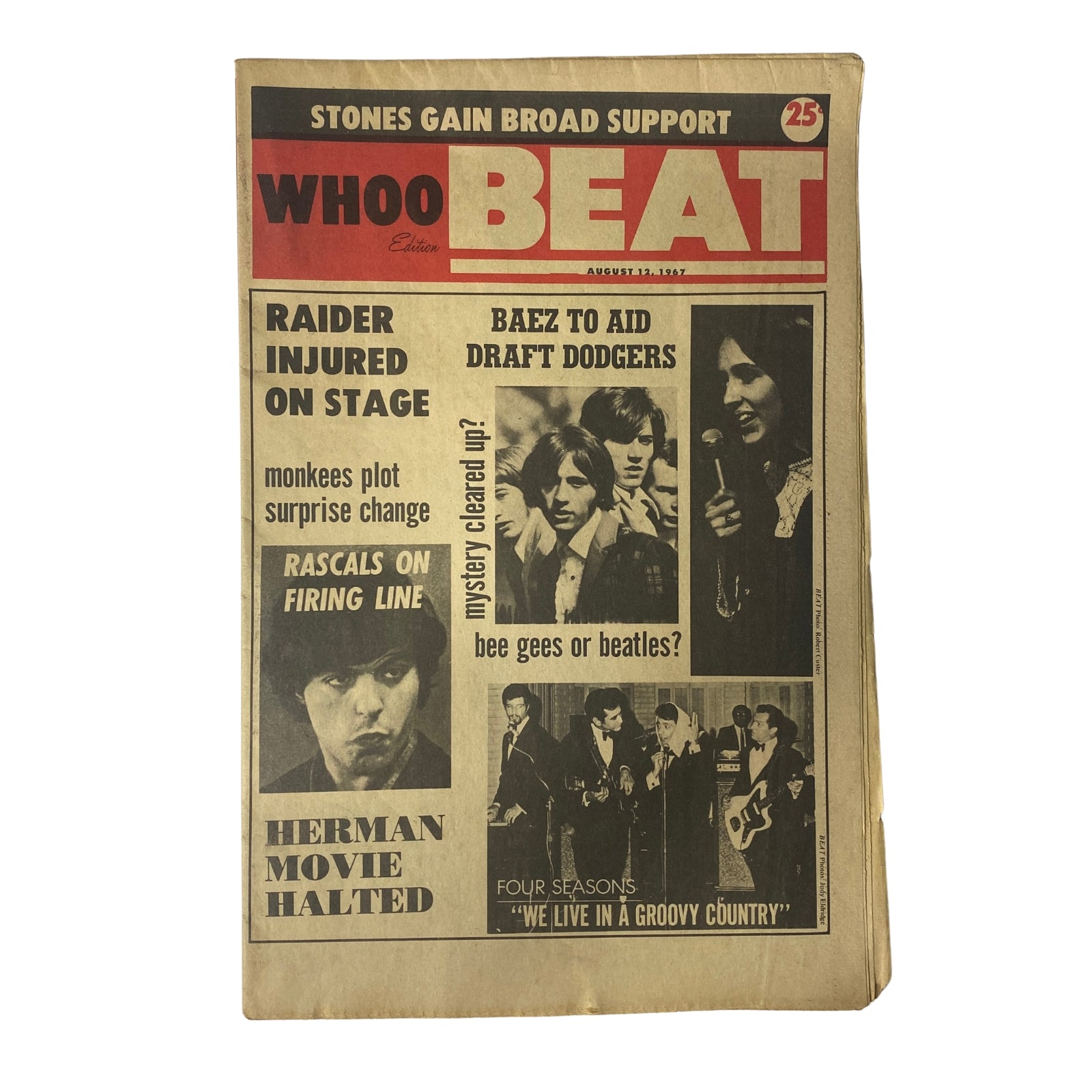 Cover of Whoo Beat Tabloid Magazine, August 12, 1967 featuring headlines about The Beatles and Bee Gees, including stories on The Rolling Stones and The Monkees, in very good condition.