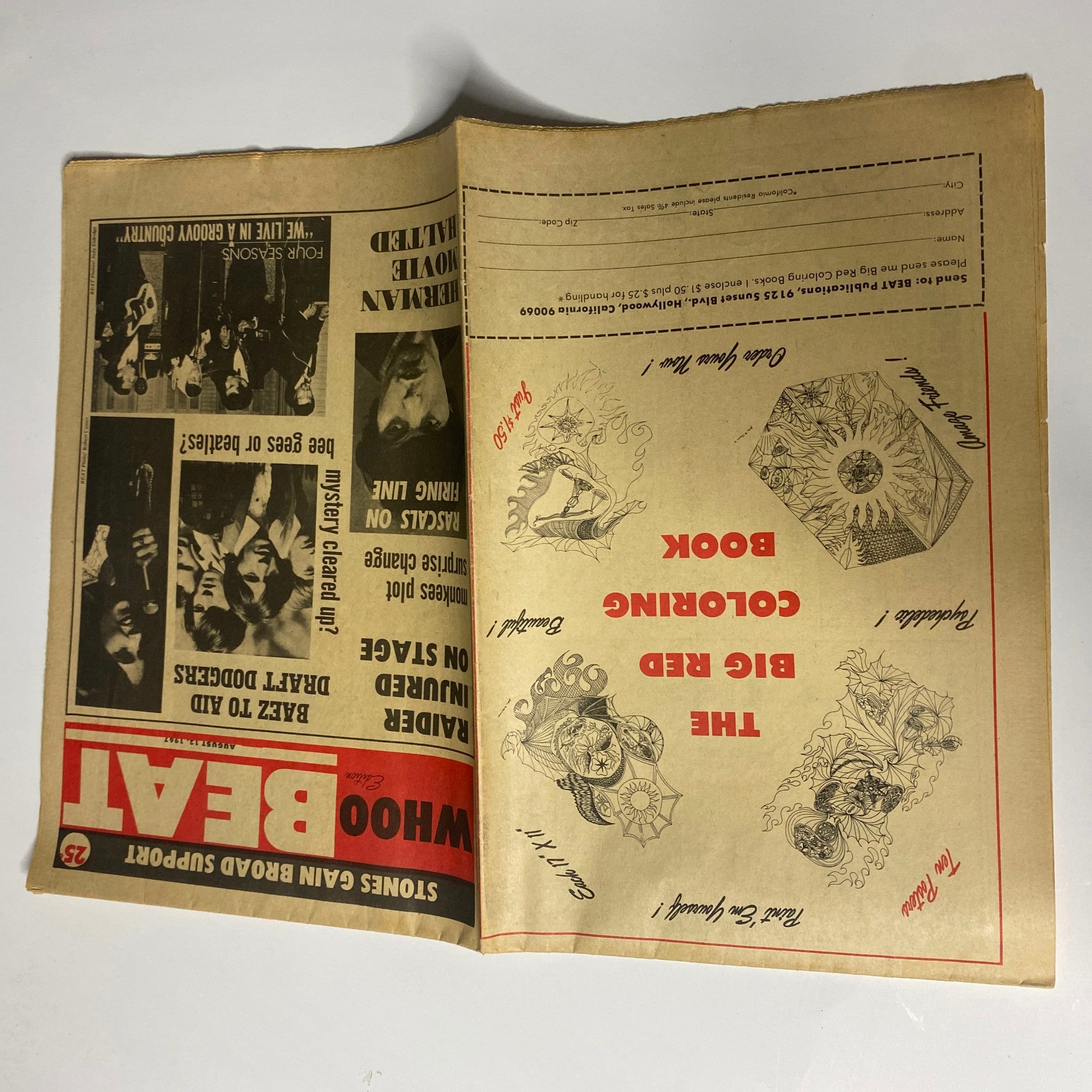 Whoo Beat Tabloid Magazine August 12, 1967 featuring The Beatles and Bee Gees in very good condition, showing the cover with a unique coloring book advertisement.