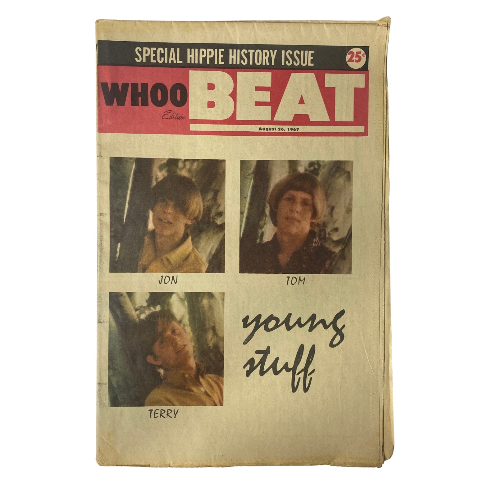 Whoo Beat Tabloid Magazine August 26, 1967 cover featuring the title and pictures of Jon, Tom, and Terry, labeled as 'young stuff.' This vintage magazine issues explores cultural themes of the 1960s.