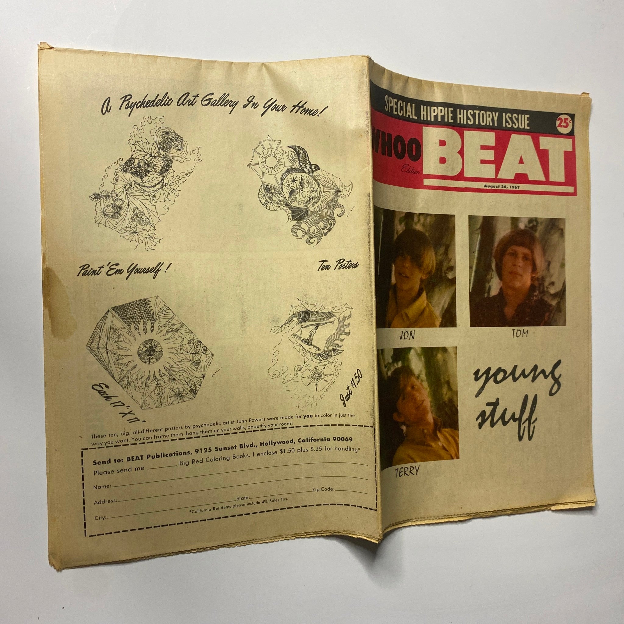 Inside page of Whoo Beat Tabloid Magazine August 26, 1967 showcasing psychedelic art and details about the magazine's history. The issue is designated as a special hippie history issue.